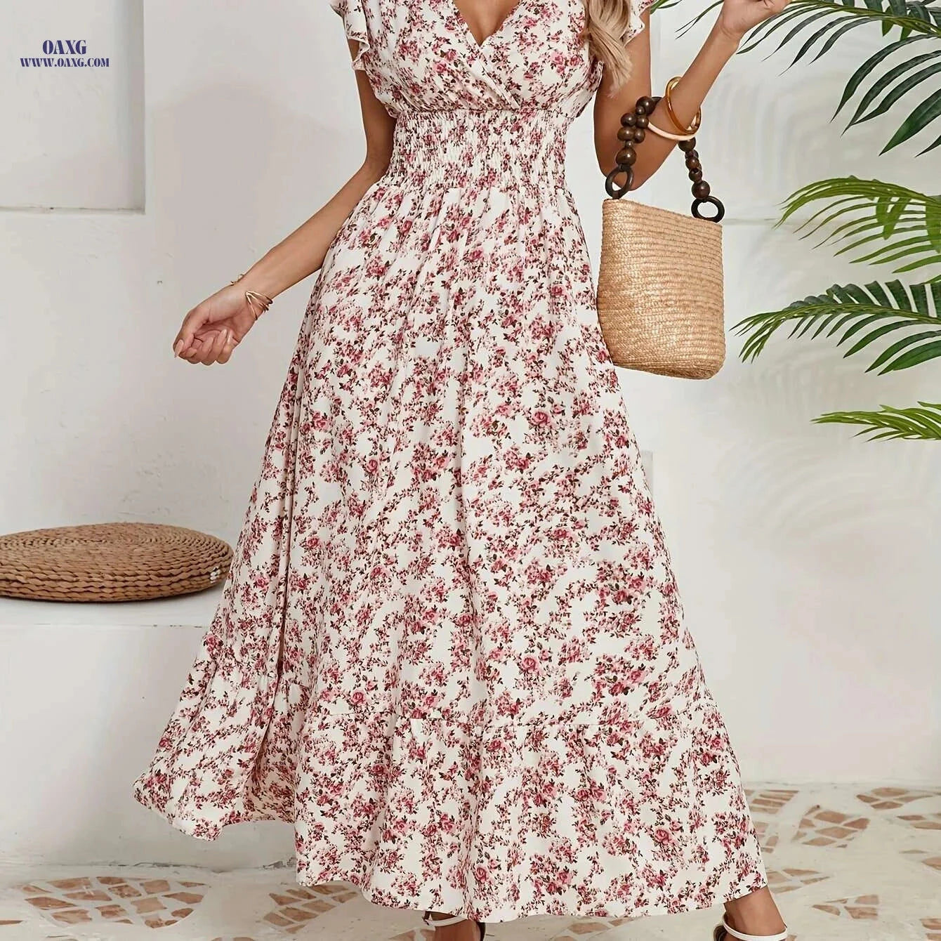 Floral Waist-Tied Dress for Vacation – V-Neck, Spring/Summer Style   OAXG Black / S