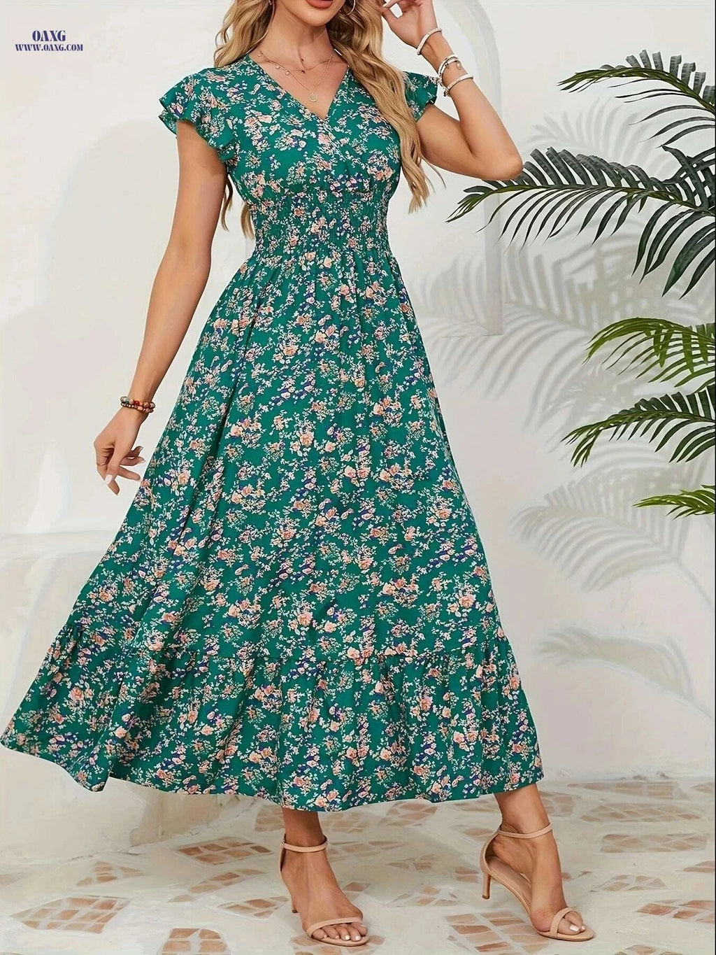 Floral Waist-Tied Dress for Vacation – V-Neck, Spring/Summer Style   OAXG 