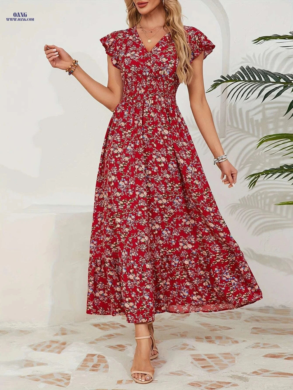 Floral Waist-Tied Dress for Vacation – V-Neck, Spring/Summer Style   OAXG 