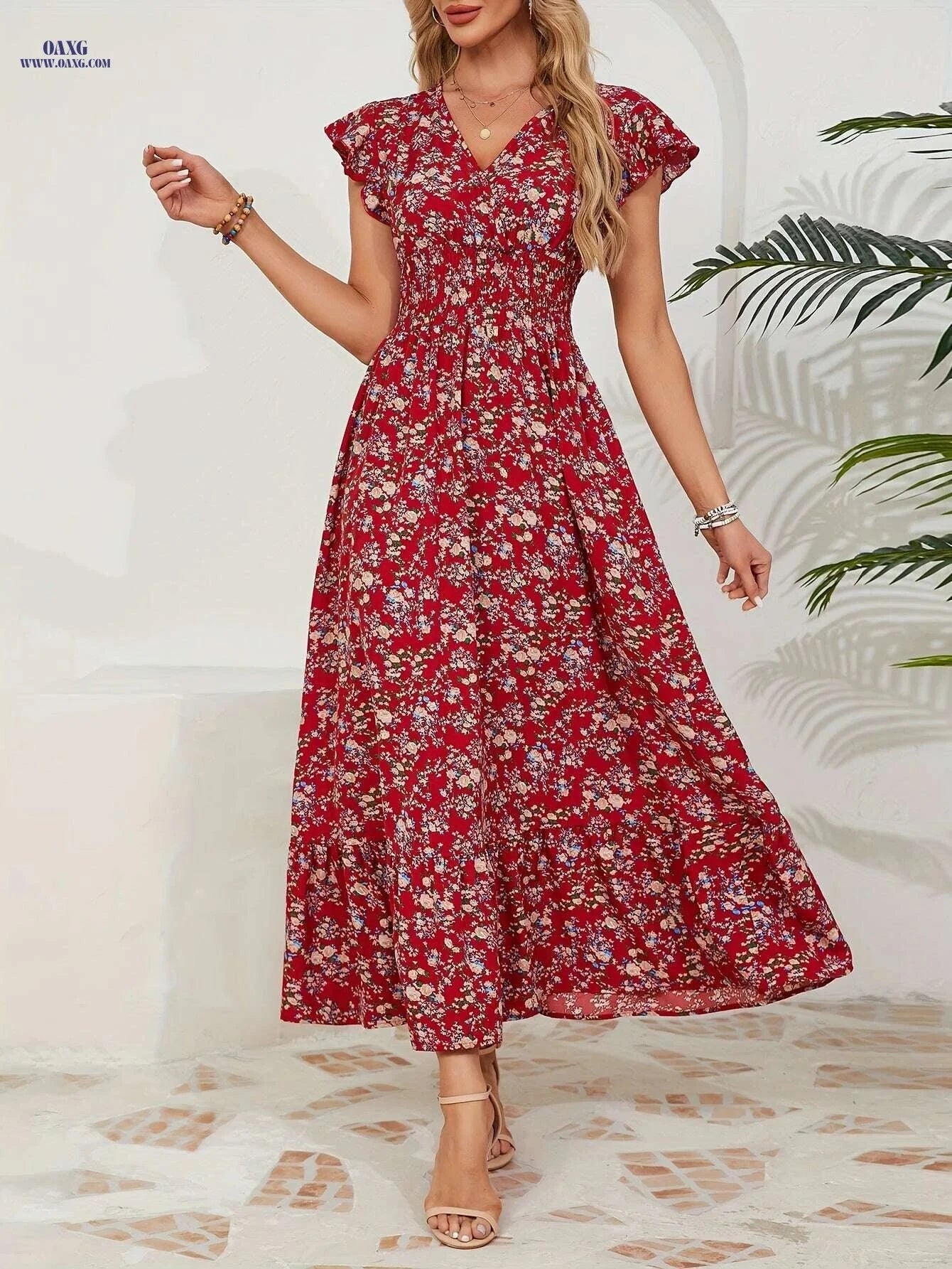Floral Waist-Tied Dress for Vacation – V-Neck, Spring/Summer Style   OAXG 