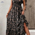 Floral Waist-Tied Dress for Vacation – V-Neck, Spring/Summer Style   OAXG 