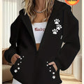 Footprint Printed Zip-Up Hoodie, Casual Long-Sleeve Zip-Up Hoodie - Made from Fabric, Perfect for Autumn And Winter. Comfortable Women'S Zip-Up Hoodie, Stylish for Women - Soft And Breathable   OAXG Black / S