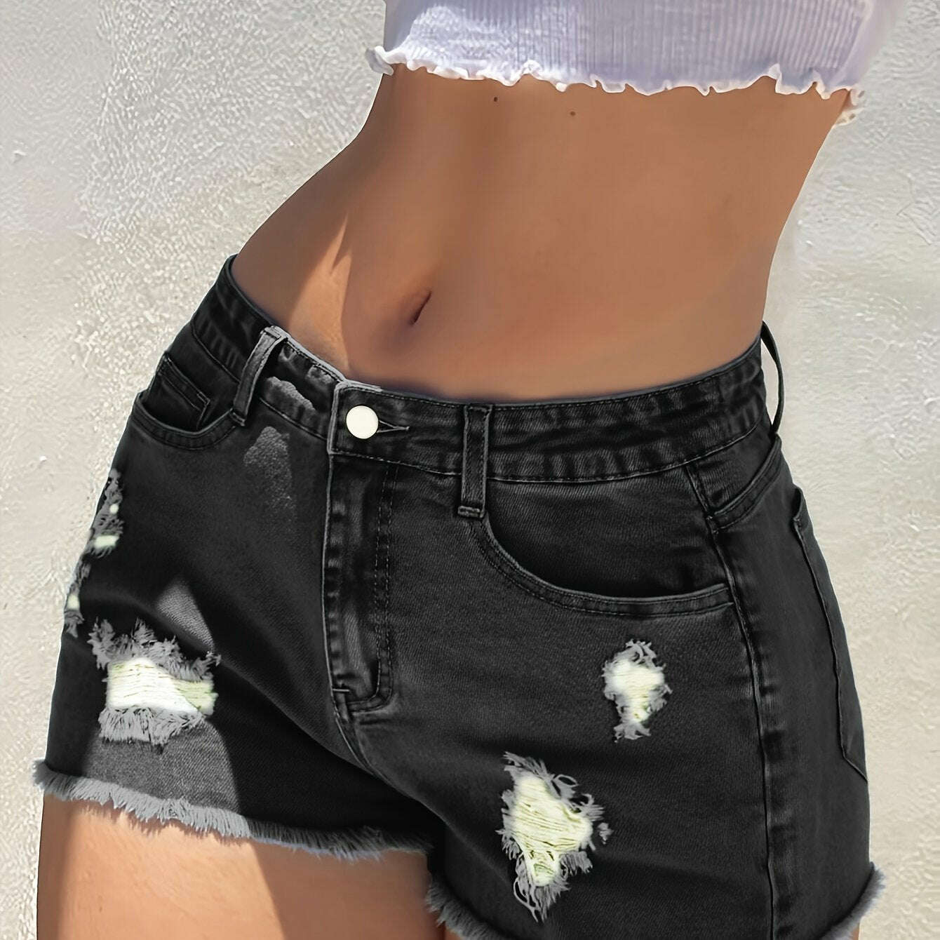FORESI Women's Summer Ripped Denim Shorts - Casual Comfort & Style   OAXG Black / S