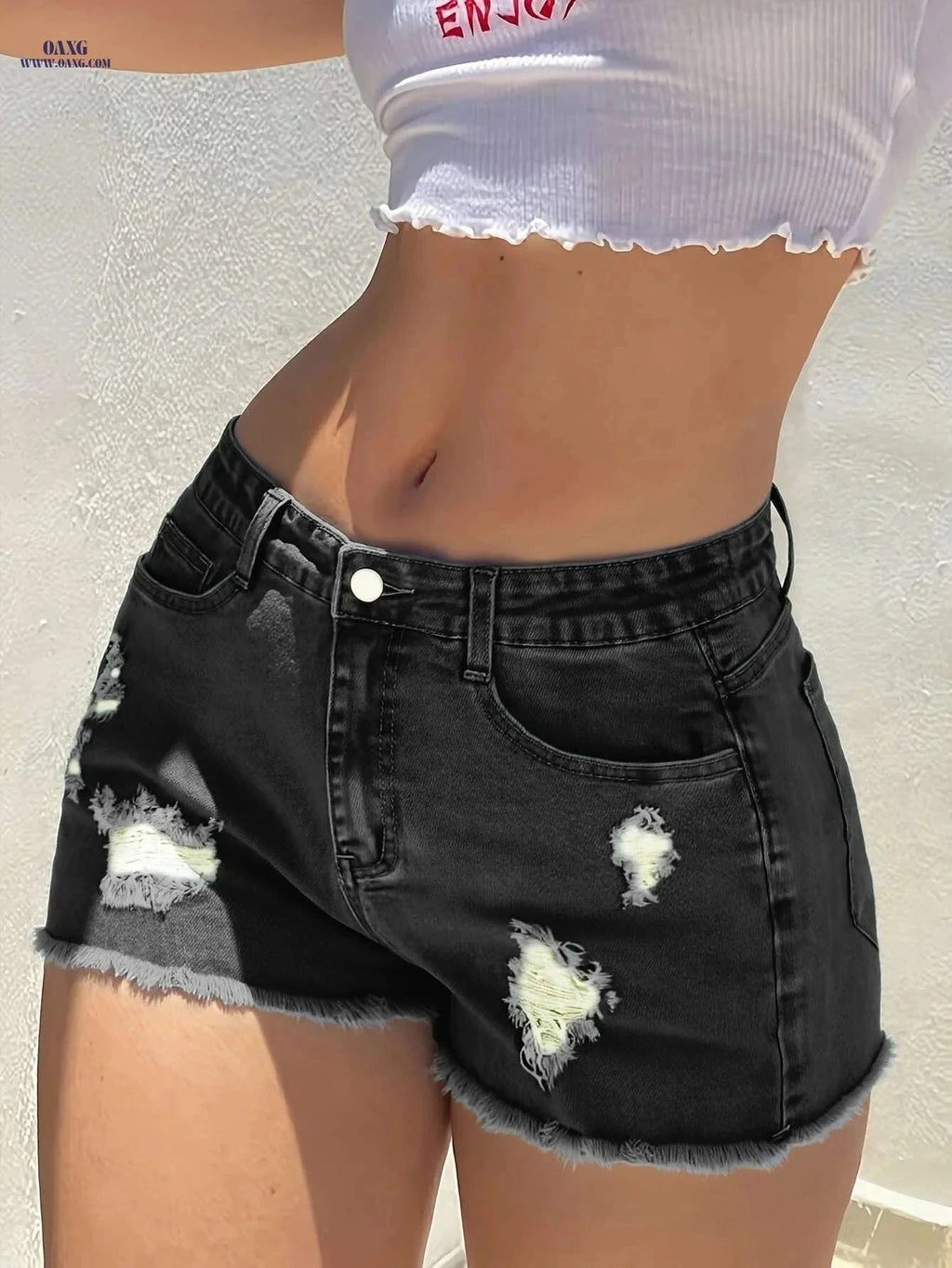 FORESI Women's Summer Ripped Denim Shorts - Casual Comfort & Style   OAXG Black / S