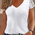 French Elegance Summer Lace Patchwork Wave Striped Texture V-Neck Small Flutter Sleeve T-Shirt ZLLZ   OAXG White / S