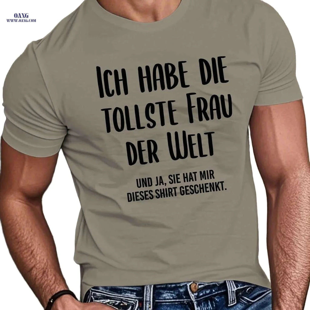 Funny German Phrase T-Shirt - Men's Casual Summer Tee, Geometric Print   OAXG Khaki / S