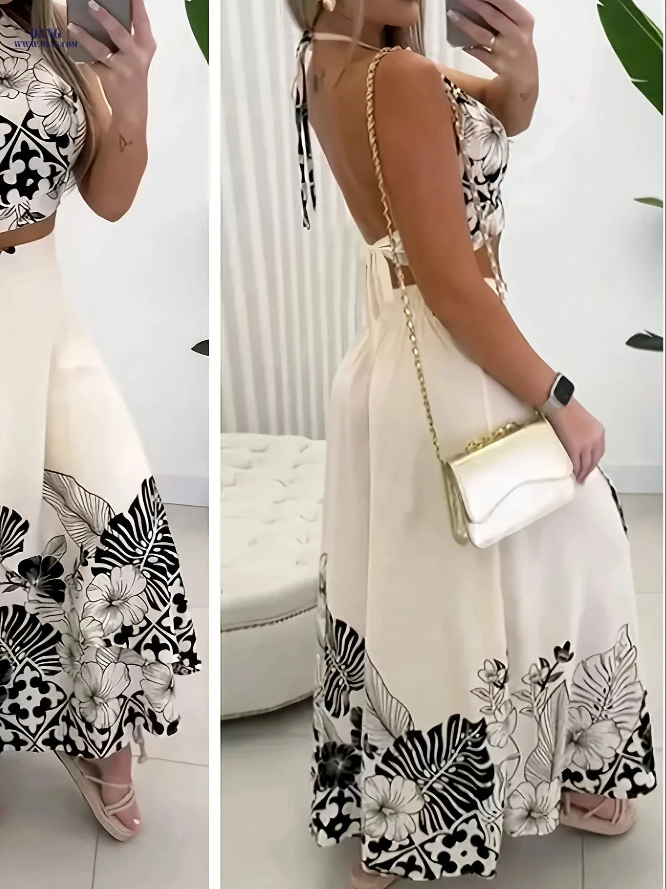 Gavin Women's Summer Tropical Print Skirt Set - Casual Halter Style   OAXG White / XS
