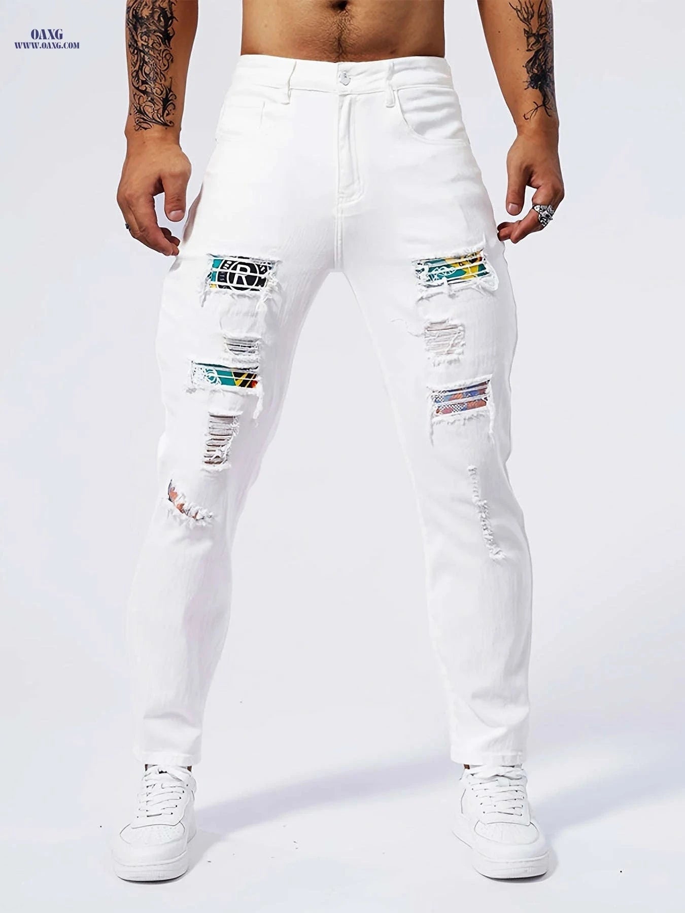Geng Yuan Shi Slim-Fit Straight-Leg Jeans - Ripped Casual Style for Men   OAXG 