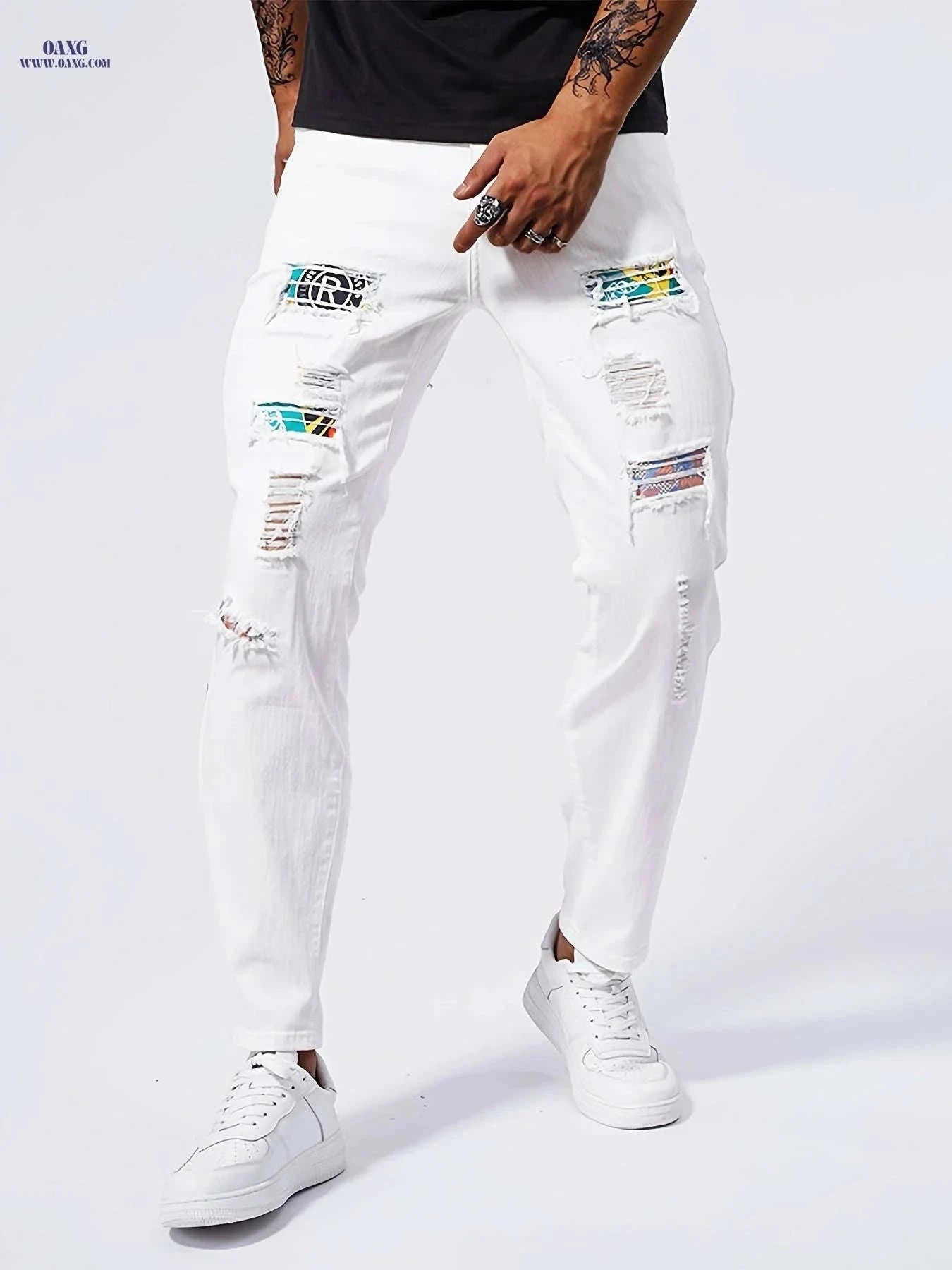 Geng Yuan Shi Slim-Fit Straight-Leg Jeans - Ripped Casual Style for Men   OAXG White / FR XXS
