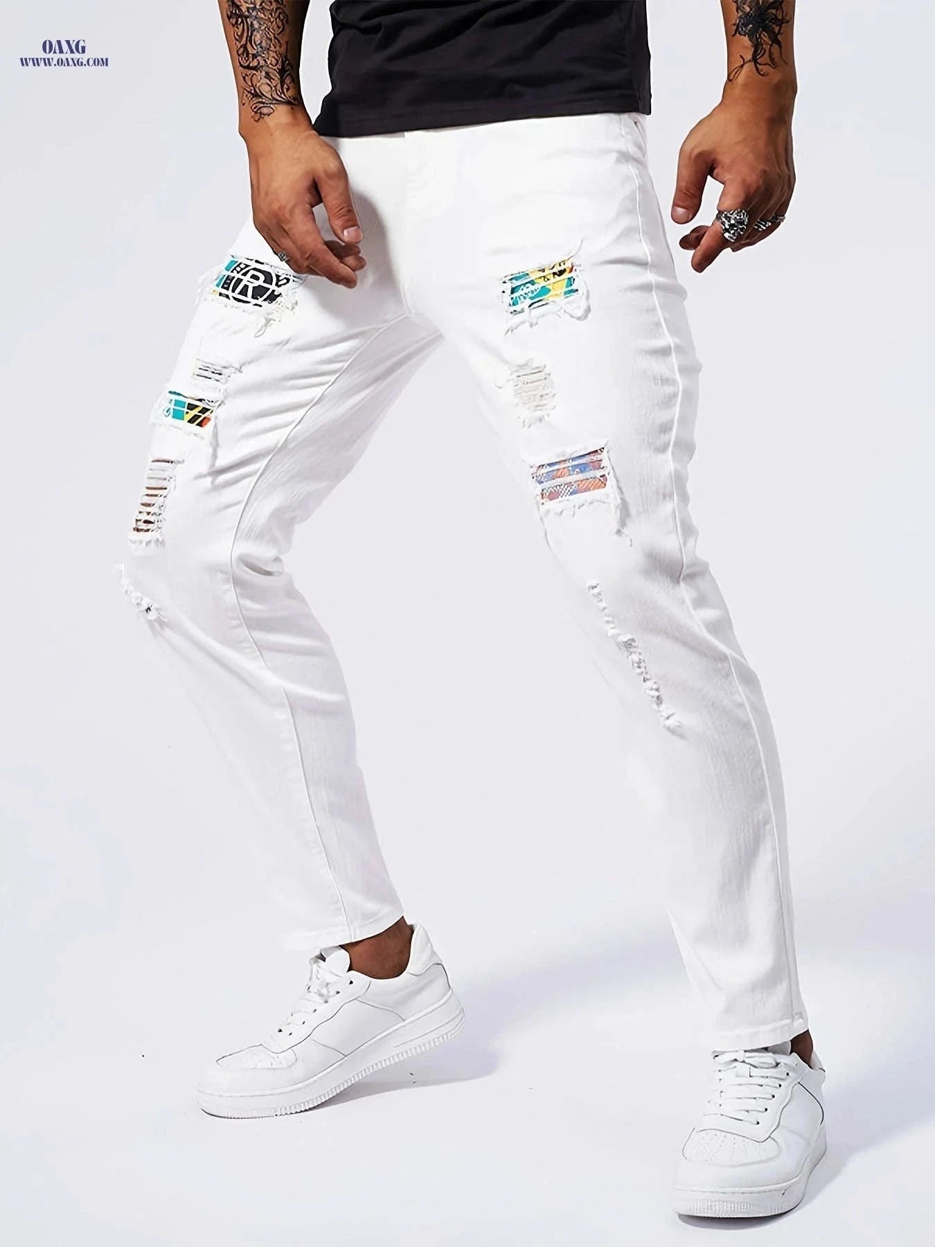 Geng Yuan Shi Slim-Fit Straight-Leg Jeans - Ripped Casual Style for Men   OAXG White / FR XXS