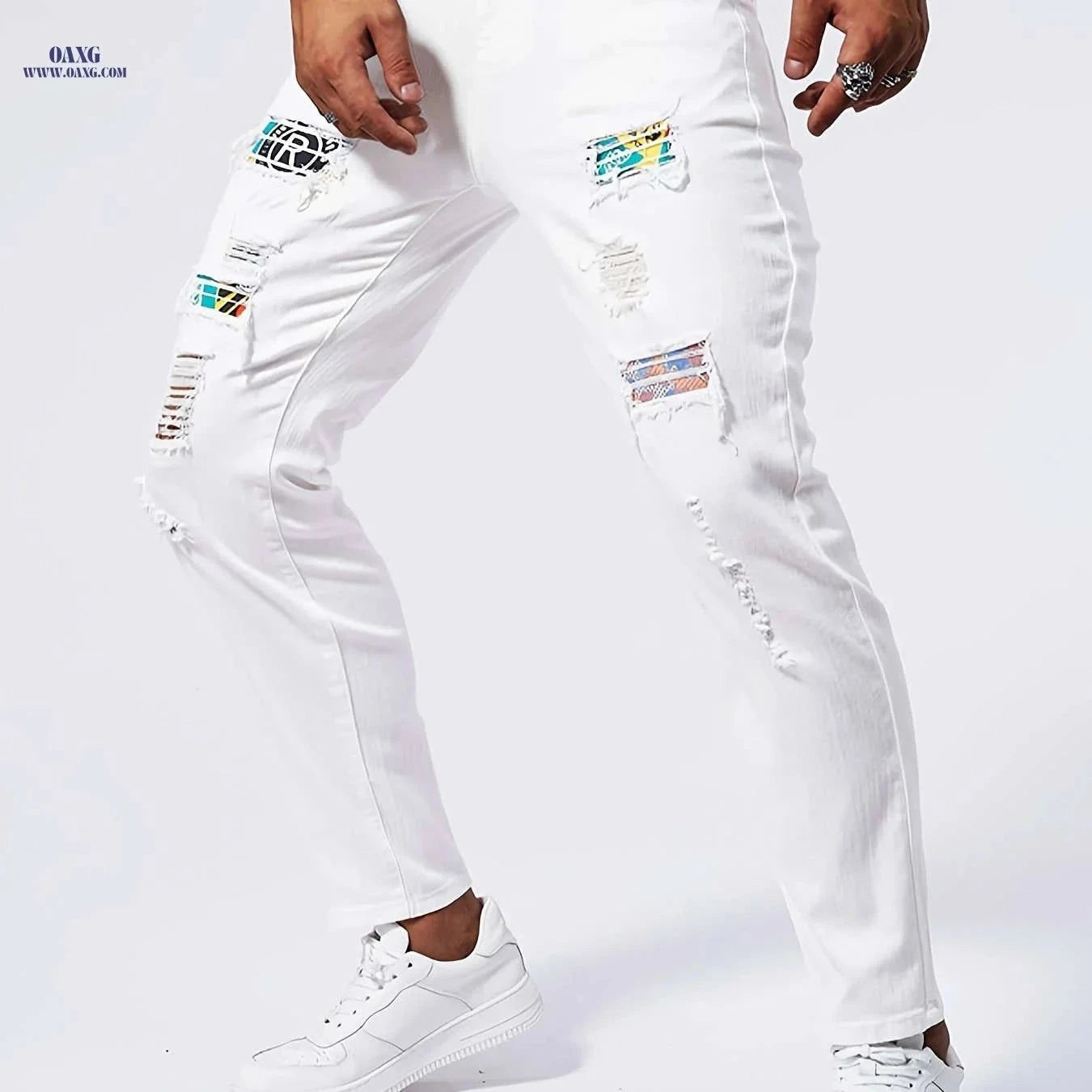 Geng Yuan Shi Slim-Fit Straight-Leg Jeans - Ripped Casual Style for Men   OAXG White / FR XXS