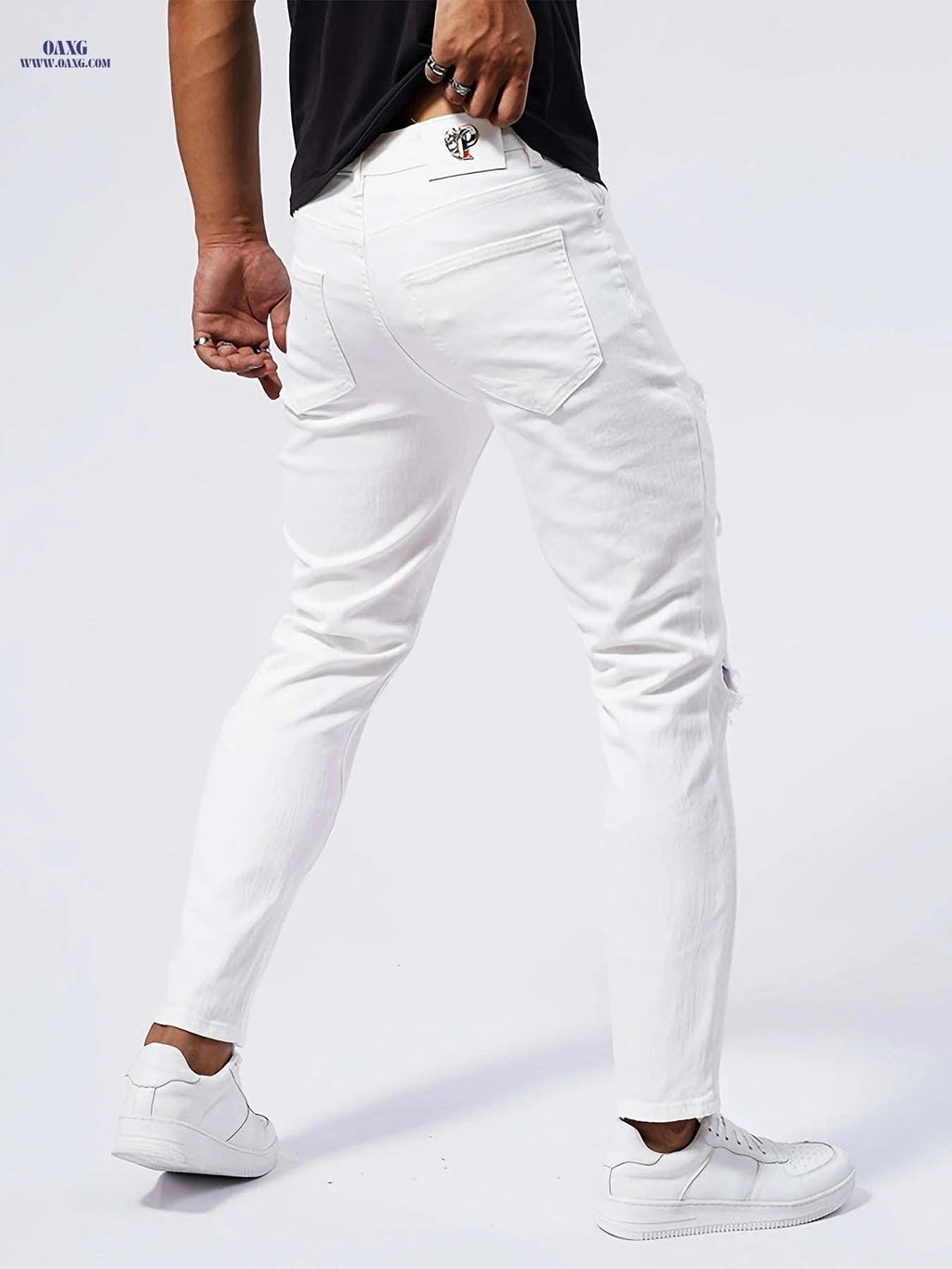 Geng Yuan Shi Slim-Fit Straight-Leg Jeans - Ripped Casual Style for Men   OAXG White / FR XXS