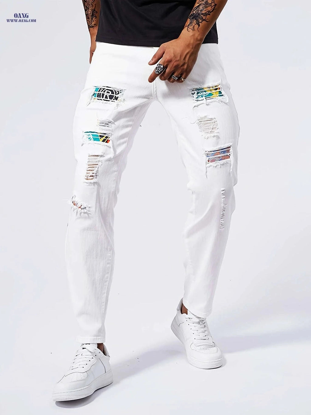 Geng Yuan Shi Slim-Fit Straight-Leg Jeans - Ripped Casual Style for Men   OAXG White / FR XXS