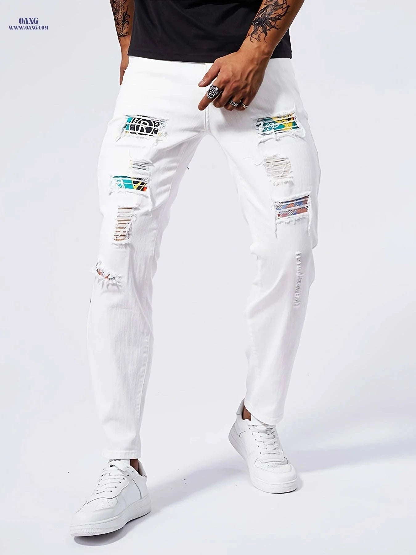 Geng Yuan Shi Slim-Fit Straight-Leg Jeans - Ripped Casual Style for Men   OAXG White / FR XXS