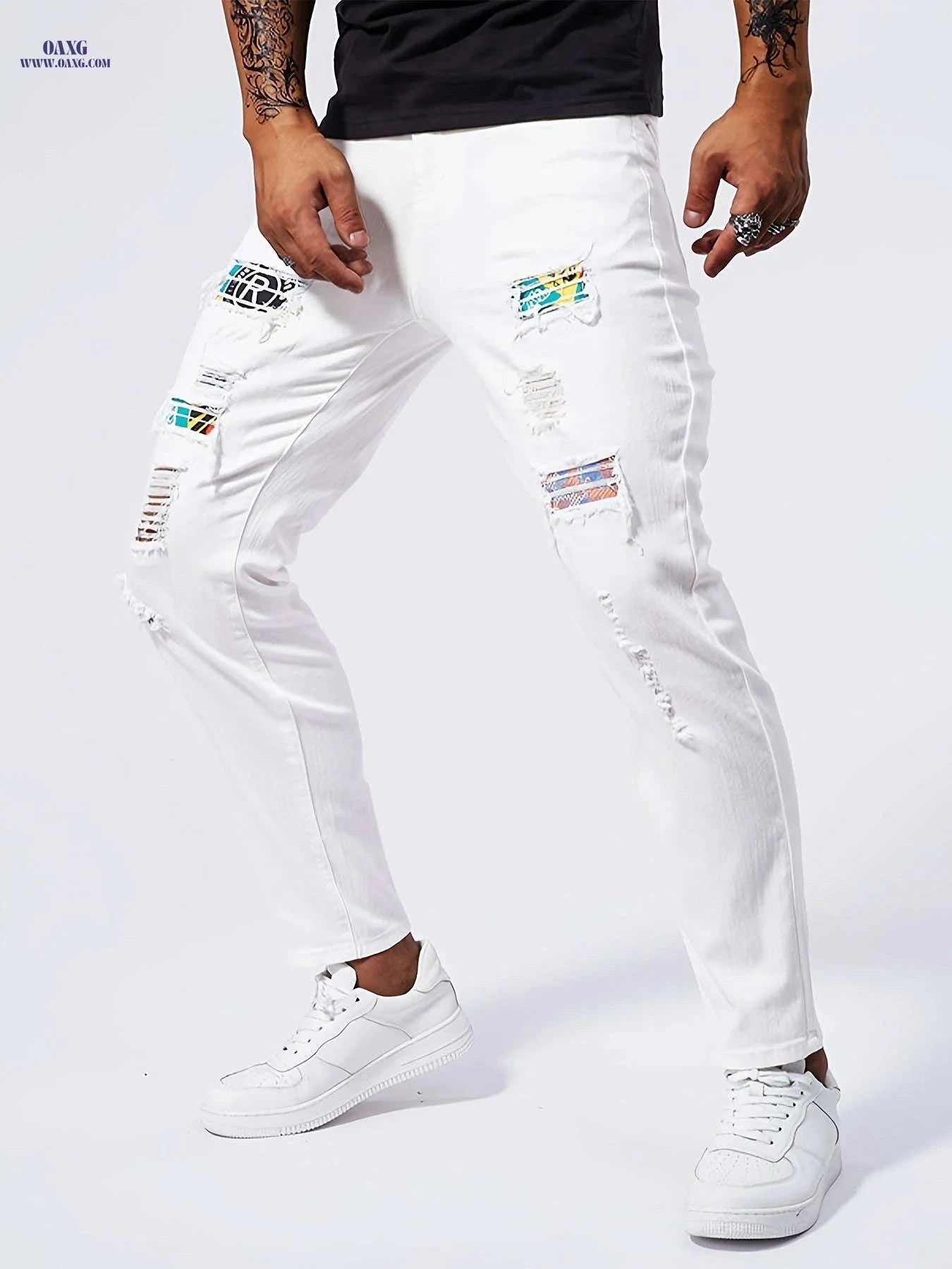 Geng Yuan Shi Slim-Fit Straight-Leg Jeans - Ripped Casual Style for Men   OAXG White / FR XXS