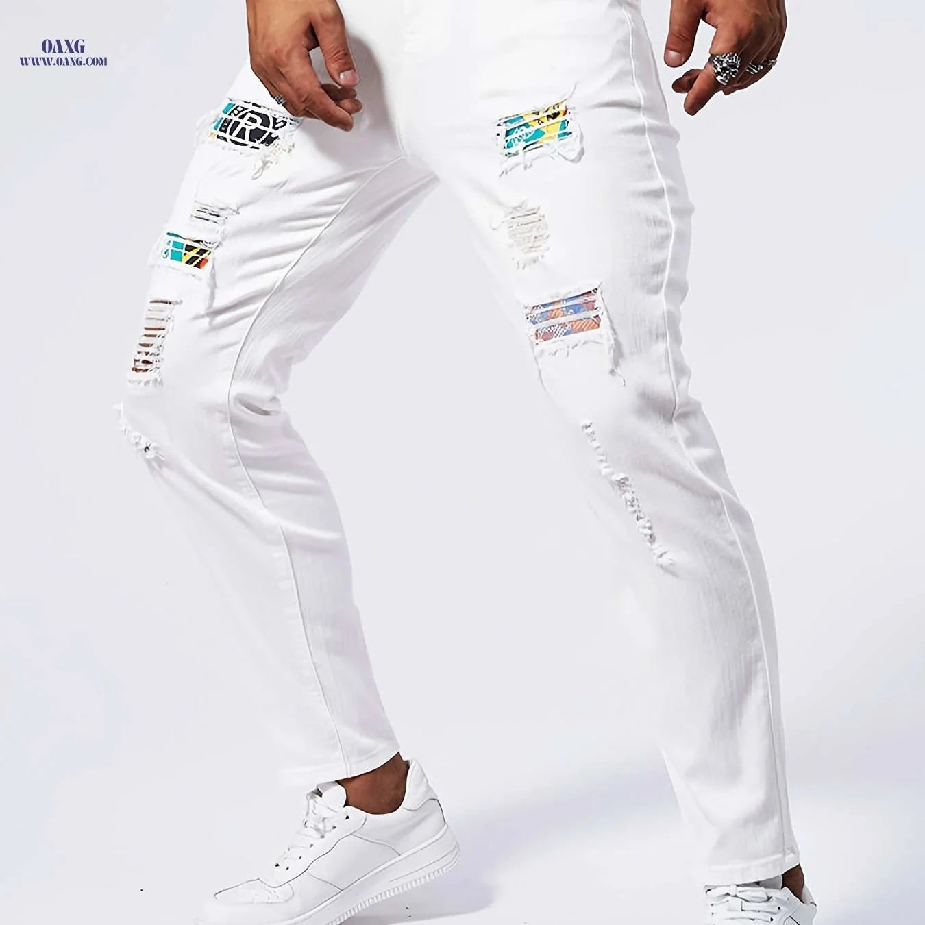 Geng Yuan Shi Slim-Fit Straight-Leg Jeans - Ripped Casual Style for Men   OAXG White / FR XXS