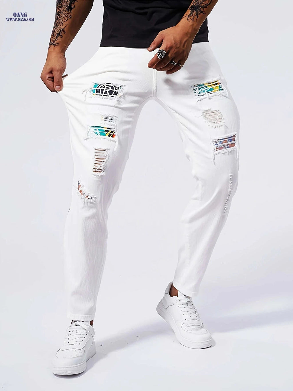 Geng Yuan Shi Slim-Fit Straight-Leg Jeans - Ripped Casual Style for Men   OAXG White / FR XXS