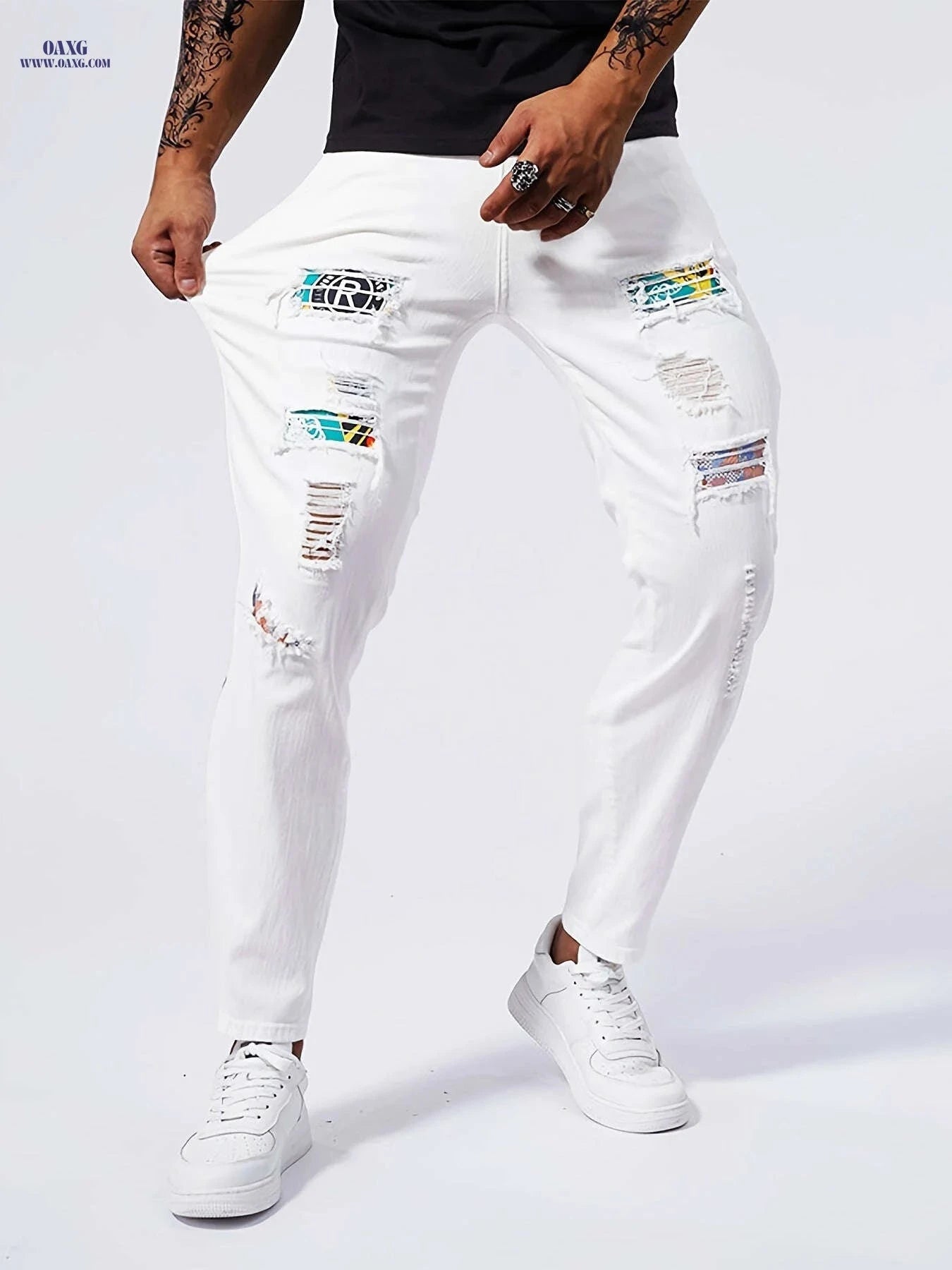 Geng Yuan Shi Slim-Fit Straight-Leg Jeans - Ripped Casual Style for Men   OAXG White / FR XXS