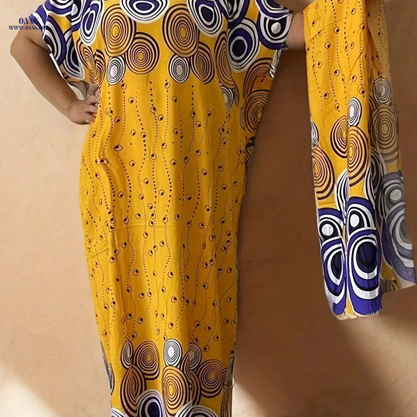 Geo Print Batwing Sleeve Maxi Dress - Elegant Women's Tunic   OAXG Pink Red Color / One-size