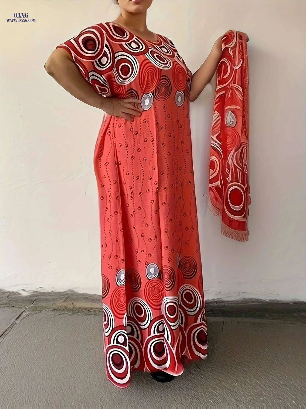 Geo Print Batwing Sleeve Maxi Dress - Elegant Women's Tunic   OAXG Pink Red Color / One-size