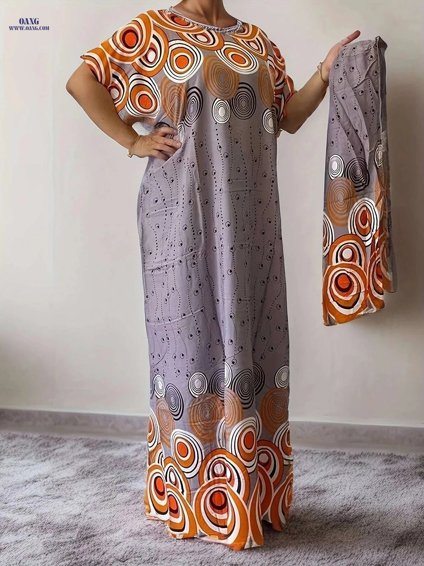 Geo Print Batwing Sleeve Maxi Dress - Elegant Women's Tunic   OAXG Pink Red Color / One-size