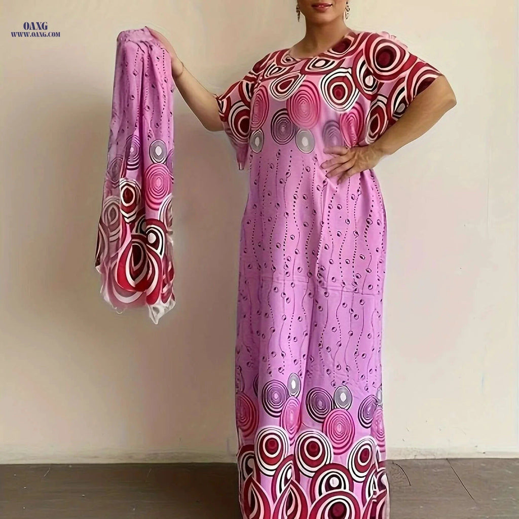Geo Print Batwing Sleeve Maxi Dress - Elegant Women's Tunic   OAXG Pink Red Color / One-size