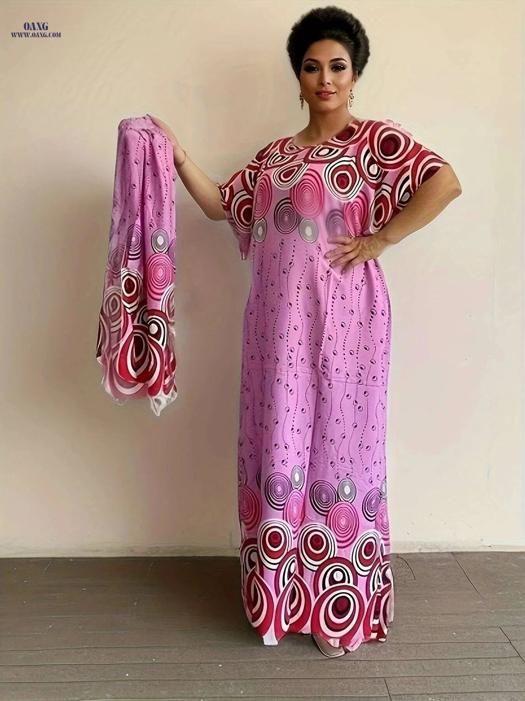 Geo Print Batwing Sleeve Maxi Dress - Elegant Women's Tunic   OAXG Pink Red Color / One-size