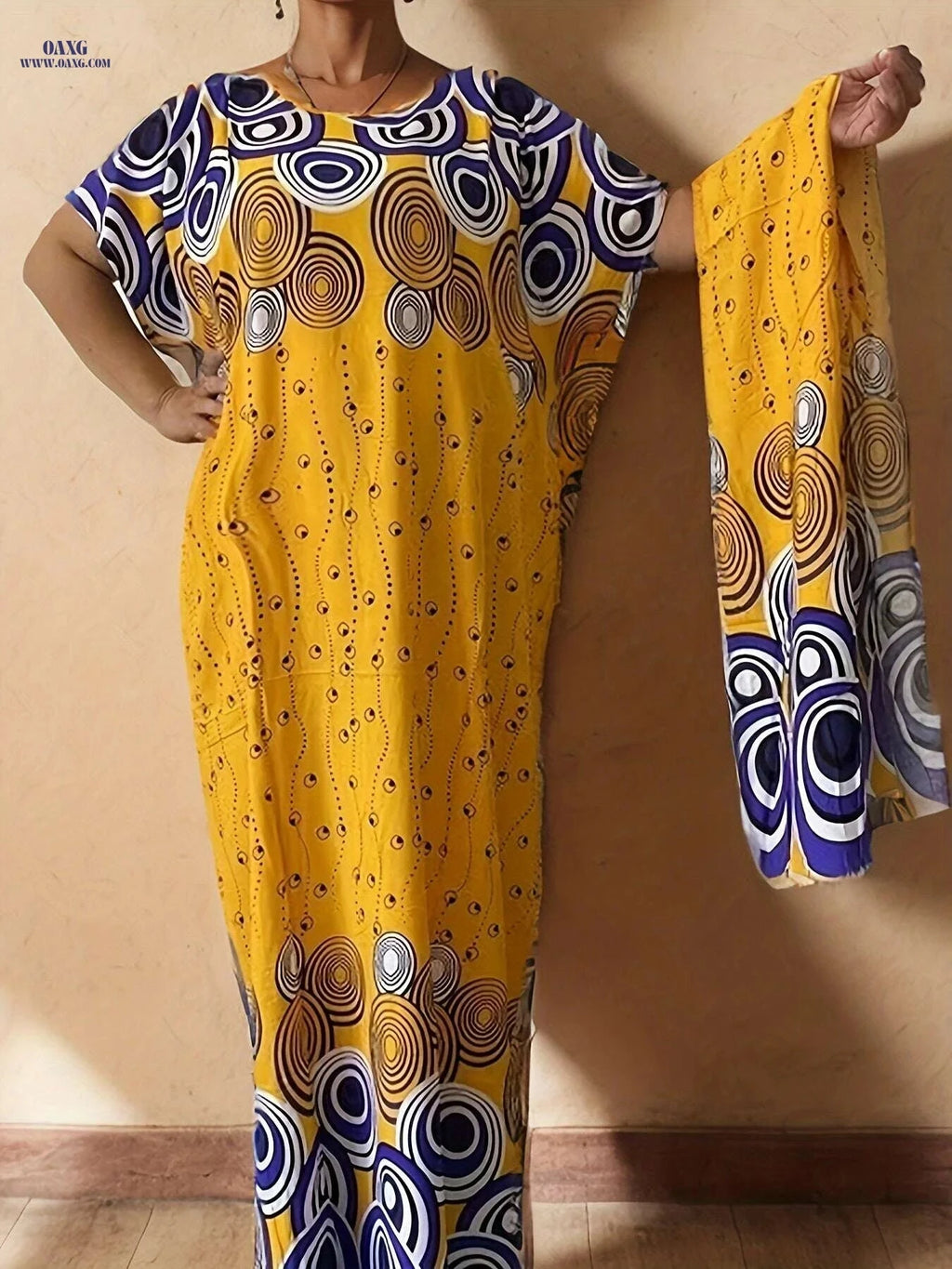 Geo Print Batwing Sleeve Maxi Dress - Elegant Women's Tunic   OAXG Pink Red Color / One-size