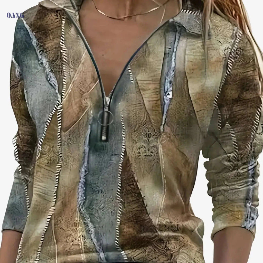 Geometric Pattern Zipper T-Shirt - Soft Casual Top for Spring & Fall   OAXG 