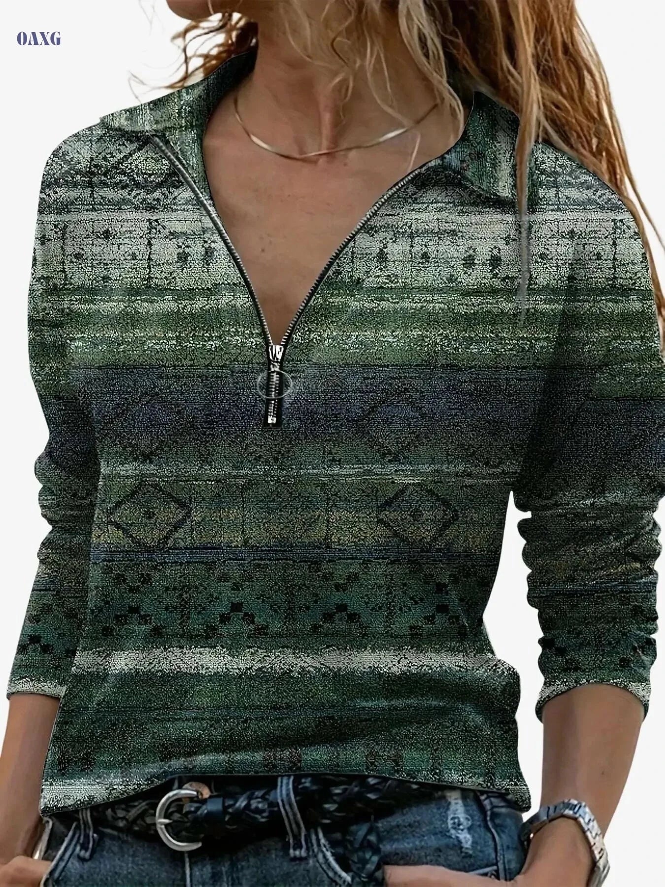 Geometric Pattern Zipper T-Shirt - Soft Casual Top for Spring & Fall   OAXG Dark Gray / S