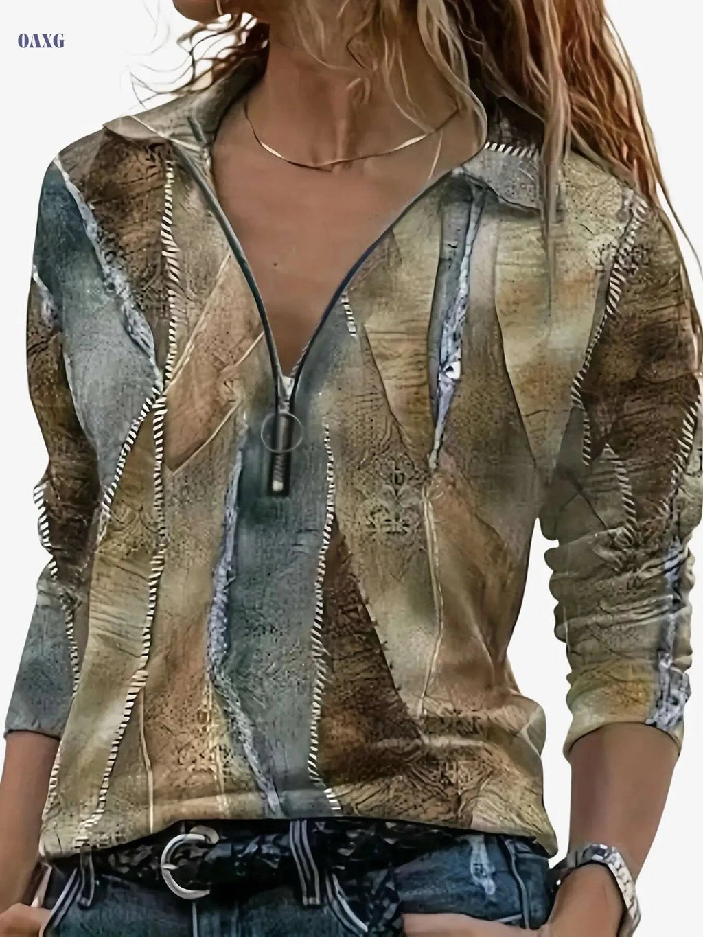 Geometric Pattern Zipper T-Shirt - Soft Casual Top for Spring & Fall   OAXG Dark Gray / S