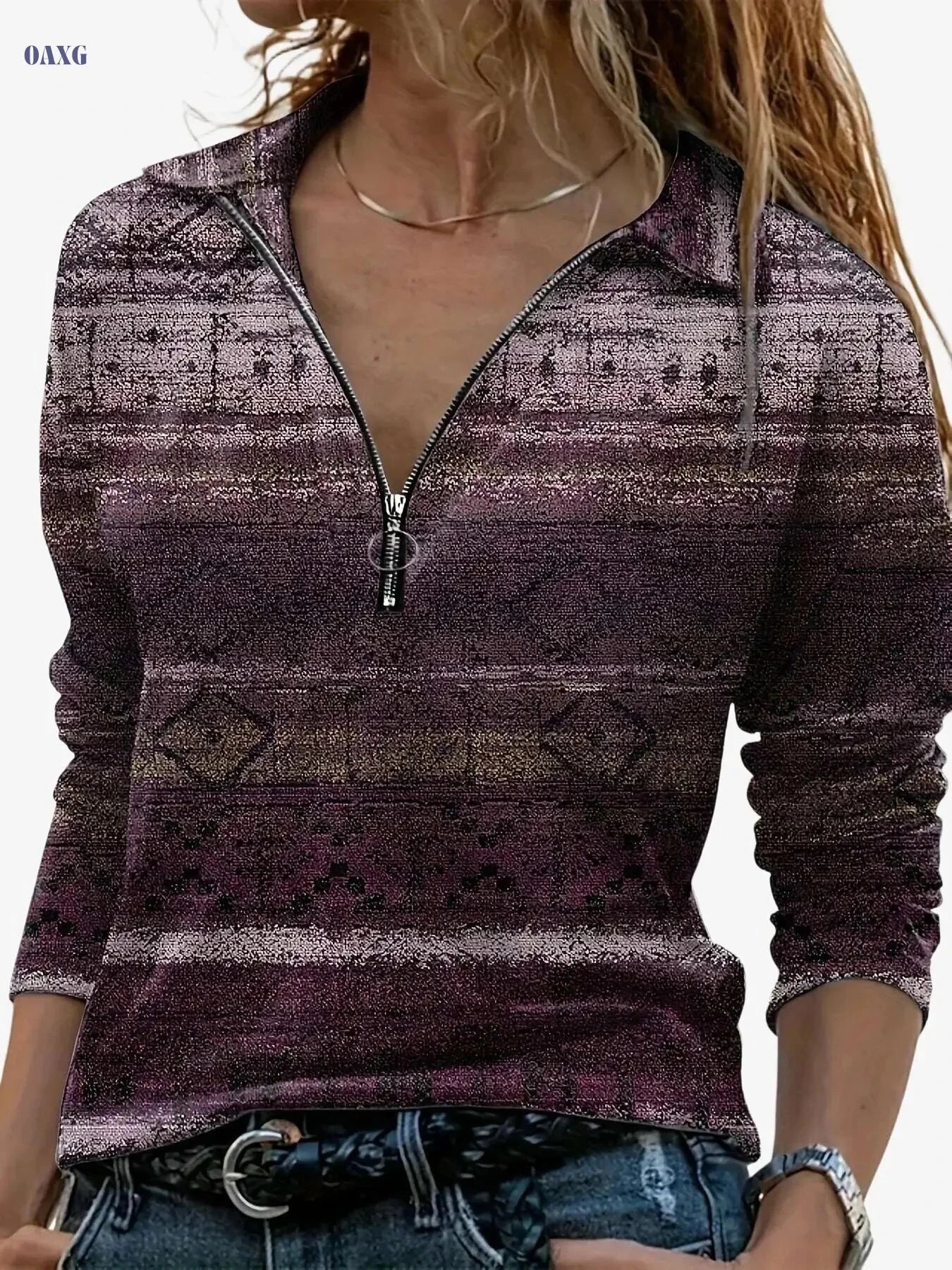 Geometric Pattern Zipper T-Shirt - Soft Casual Top for Spring & Fall   OAXG Dark Gray / S