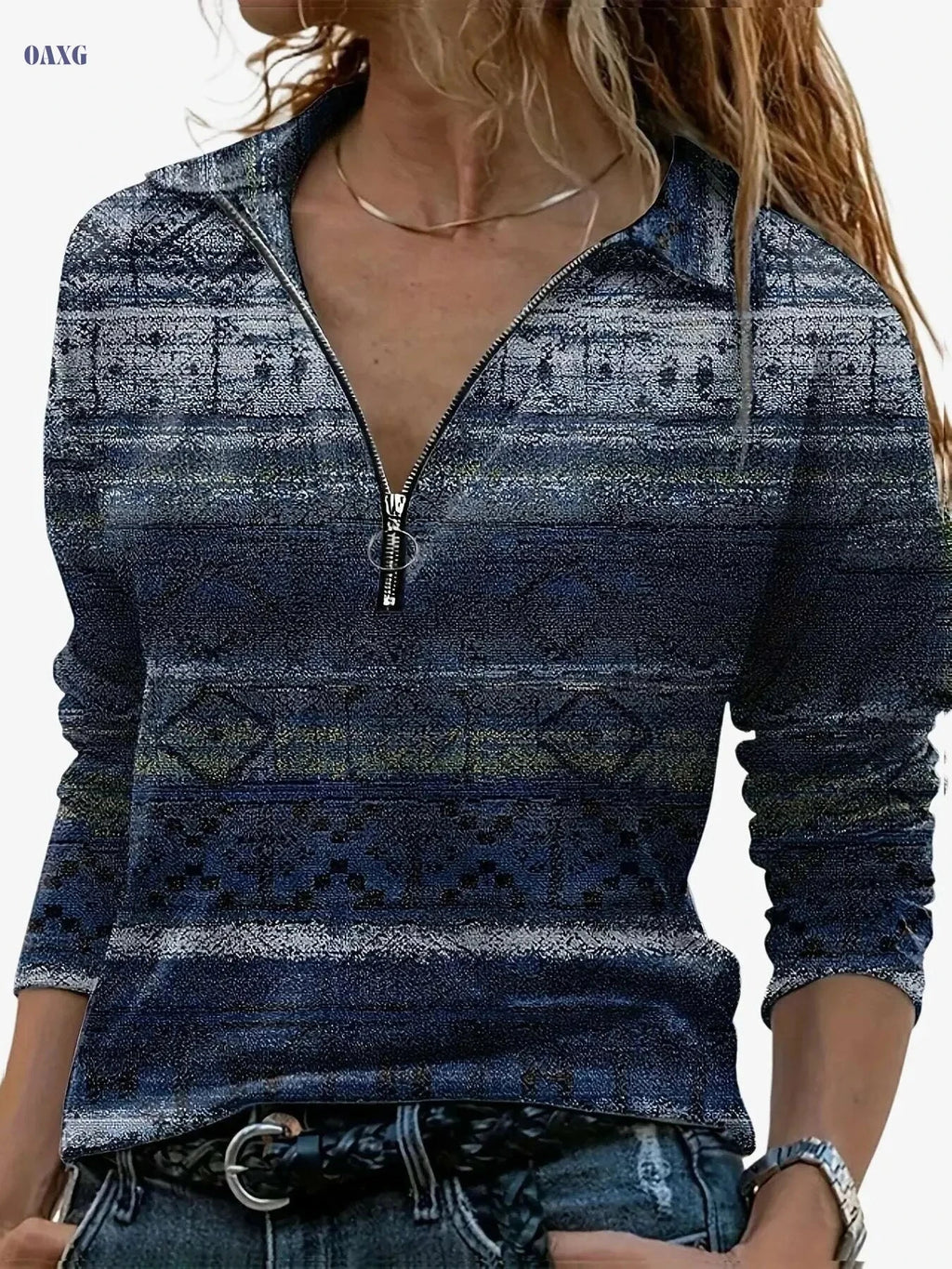 Geometric Pattern Zipper T-Shirt - Soft Casual Top for Spring & Fall   OAXG Dark Gray / S