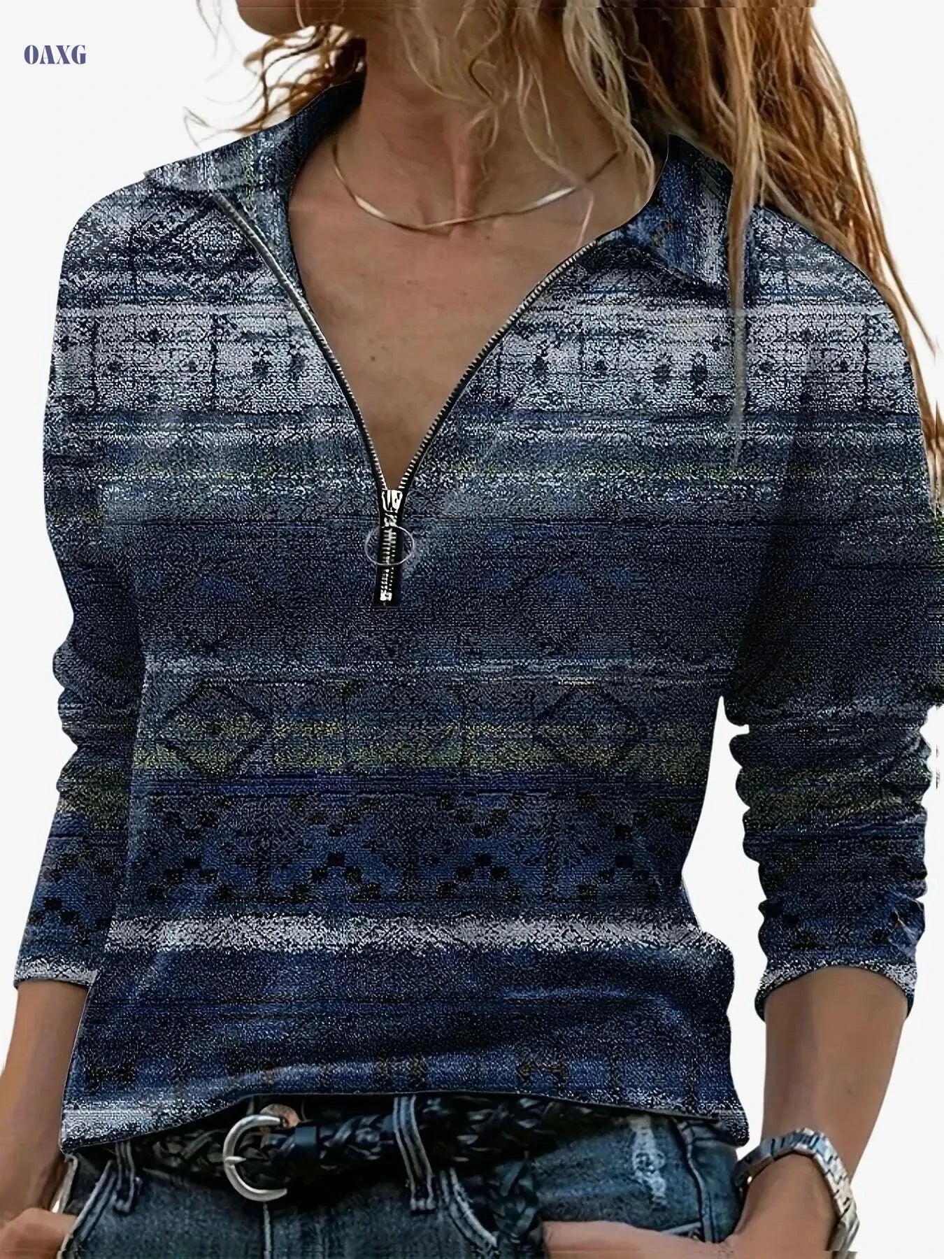 Geometric Pattern Zipper T-Shirt - Soft Casual Top for Spring & Fall   OAXG Dark Gray / S