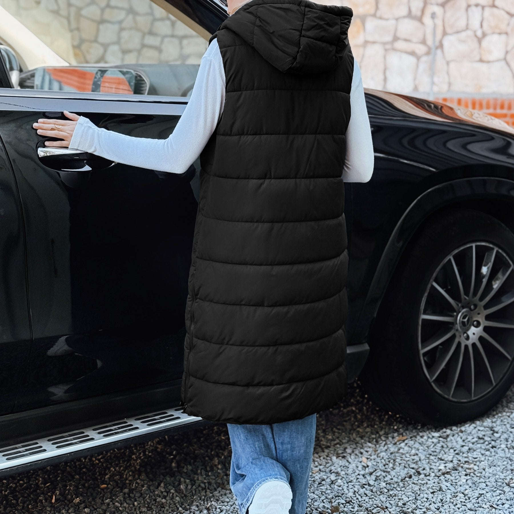 Gilet Long à Capuche Femme - Veste Sans Manches Pratique et Confortable   OAXG Navy Blue / S