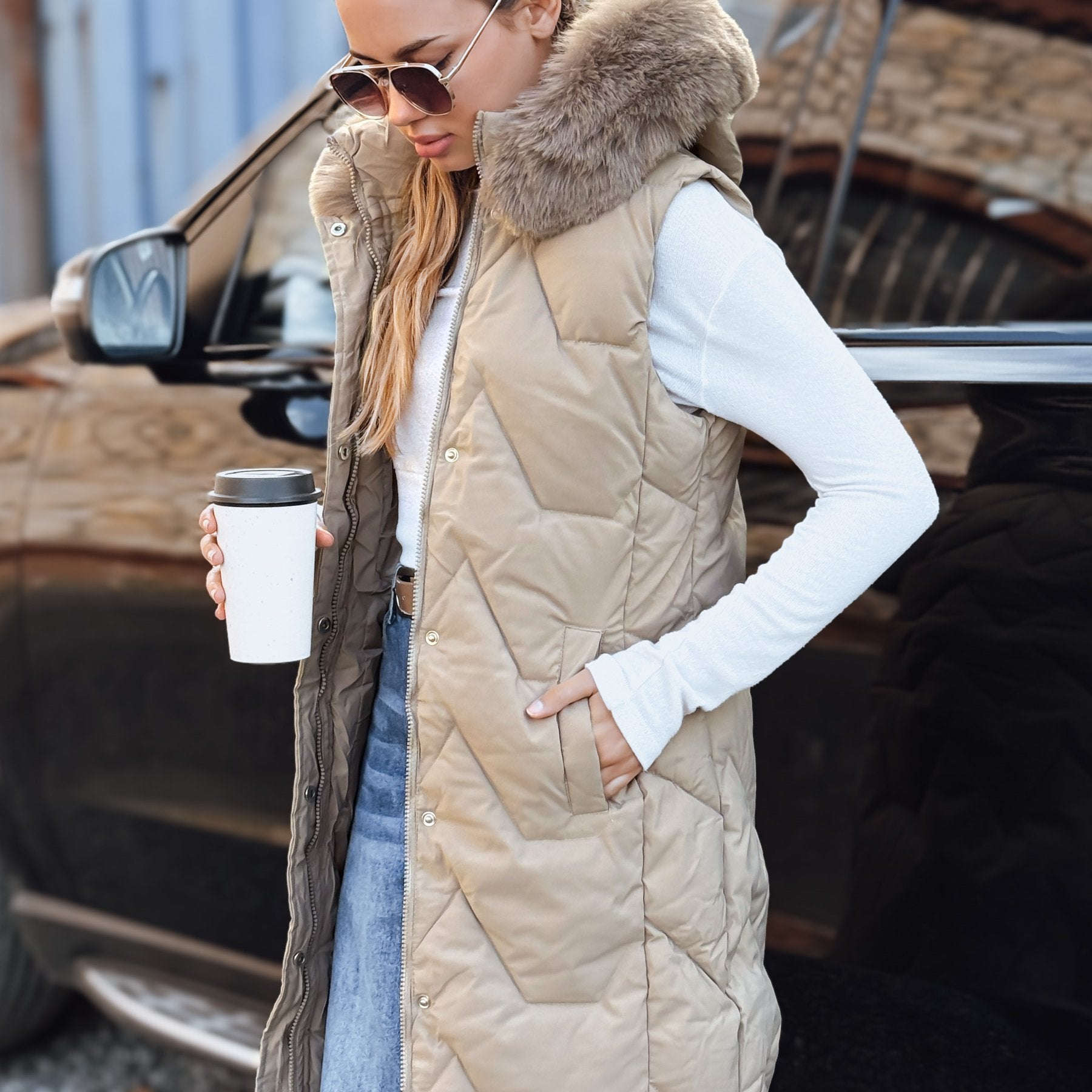 Gilet Long à Capuche Femme - Veste Sans Manches Pratique et Confortable   OAXG Navy Blue / S