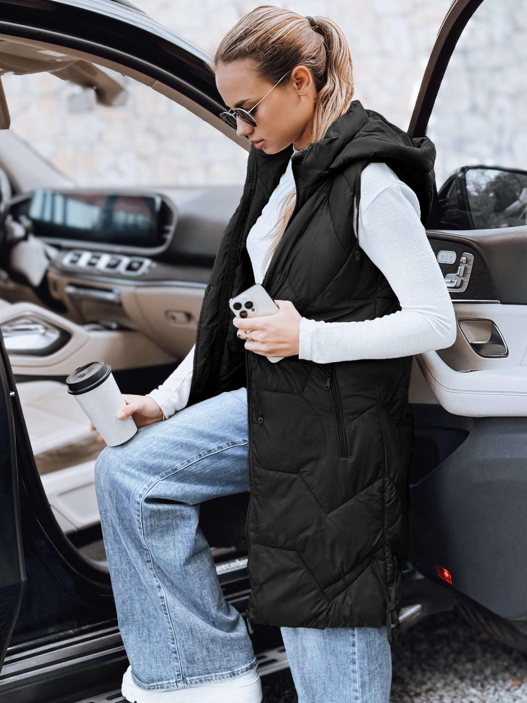 Gilet Long Matelassé Femme - Détachable, Poches Zippées, Confort   OAXG Light Grey / S
