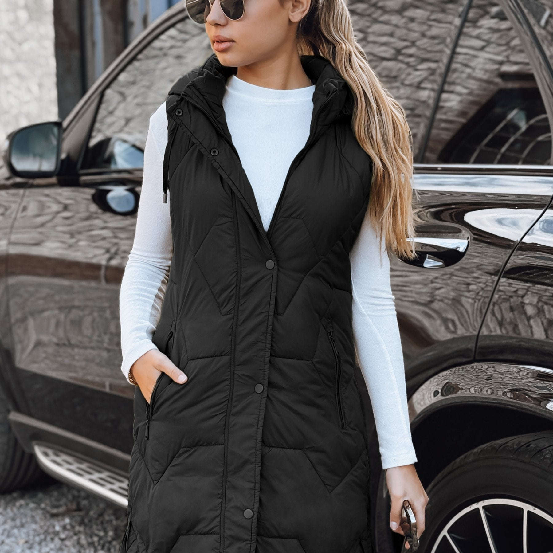 Gilet Long Matelassé Femme - Détachable, Poches Zippées, Confort   OAXG Light Grey / S