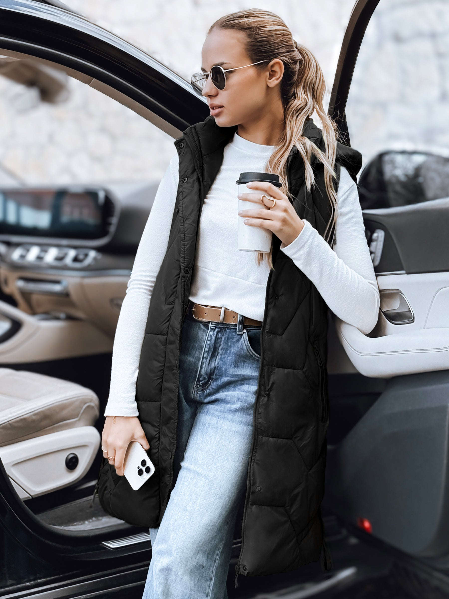 Gilet Long Matelassé Femme - Détachable, Poches Zippées, Confort   OAXG Light Grey / S