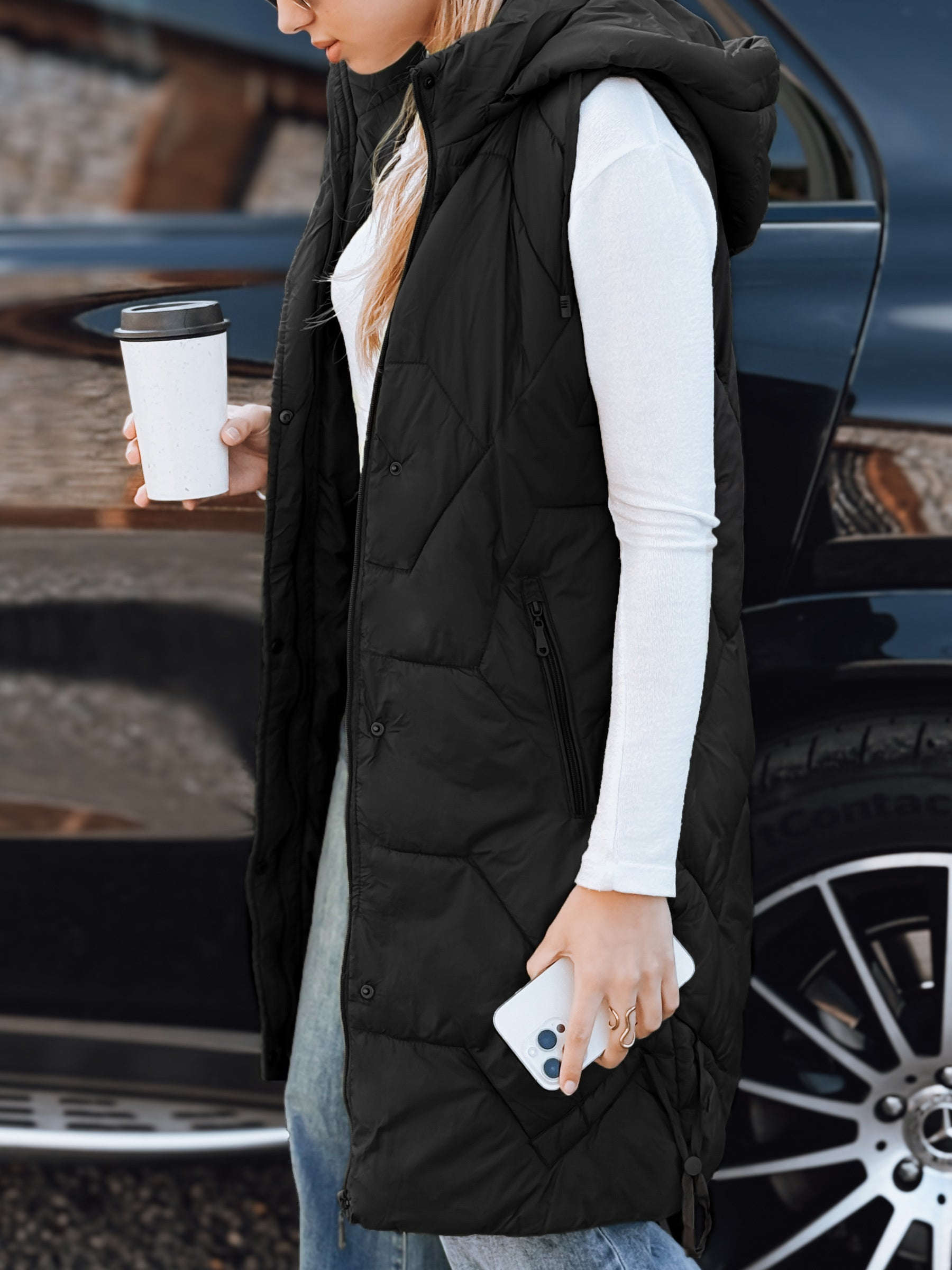 Gilet Long Matelassé Femme - Détachable, Poches Zippées, Confort   OAXG Light Grey / S