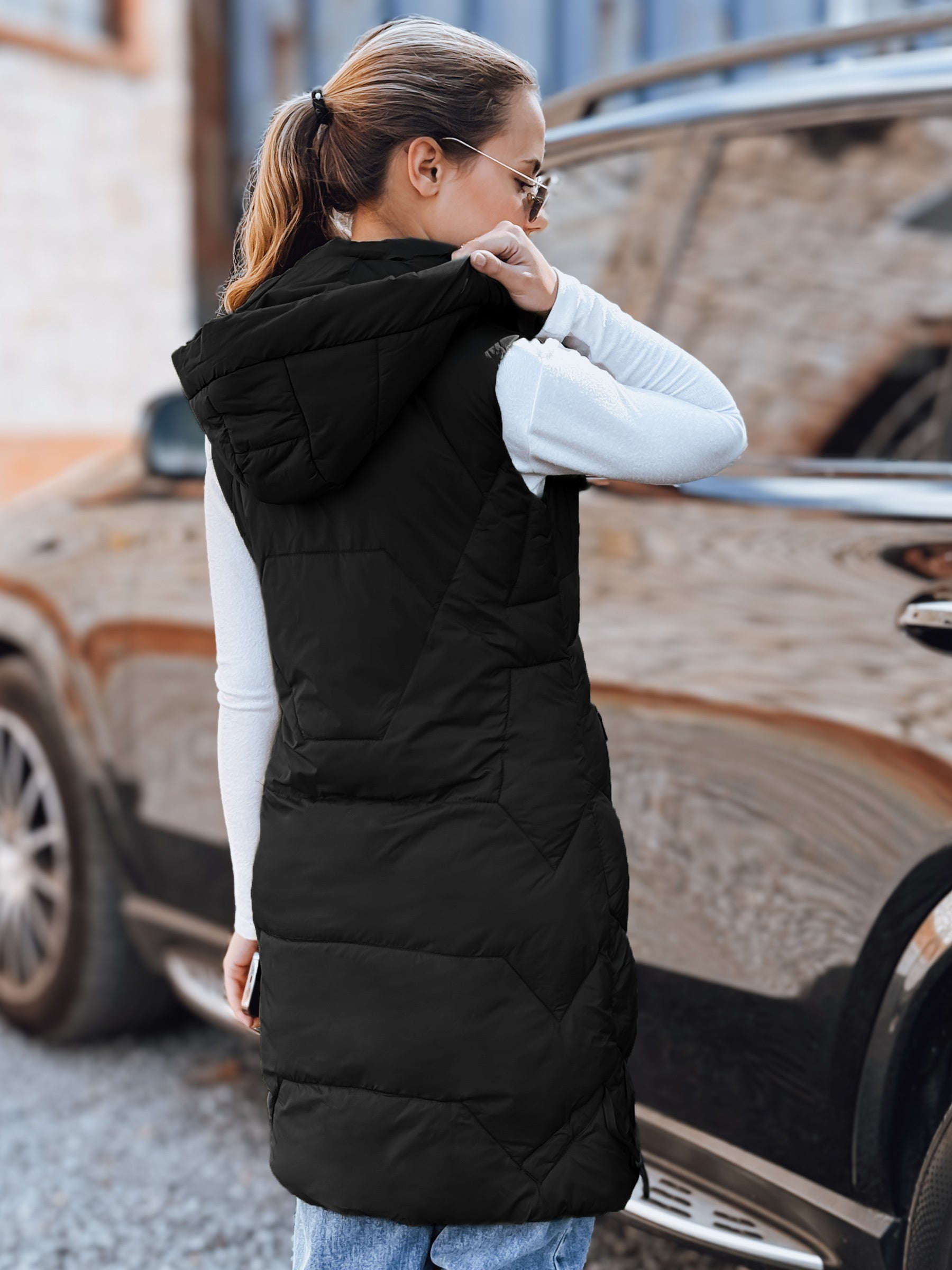 Gilet Long Matelassé Femme - Détachable, Poches Zippées, Confort   OAXG Light Grey / S