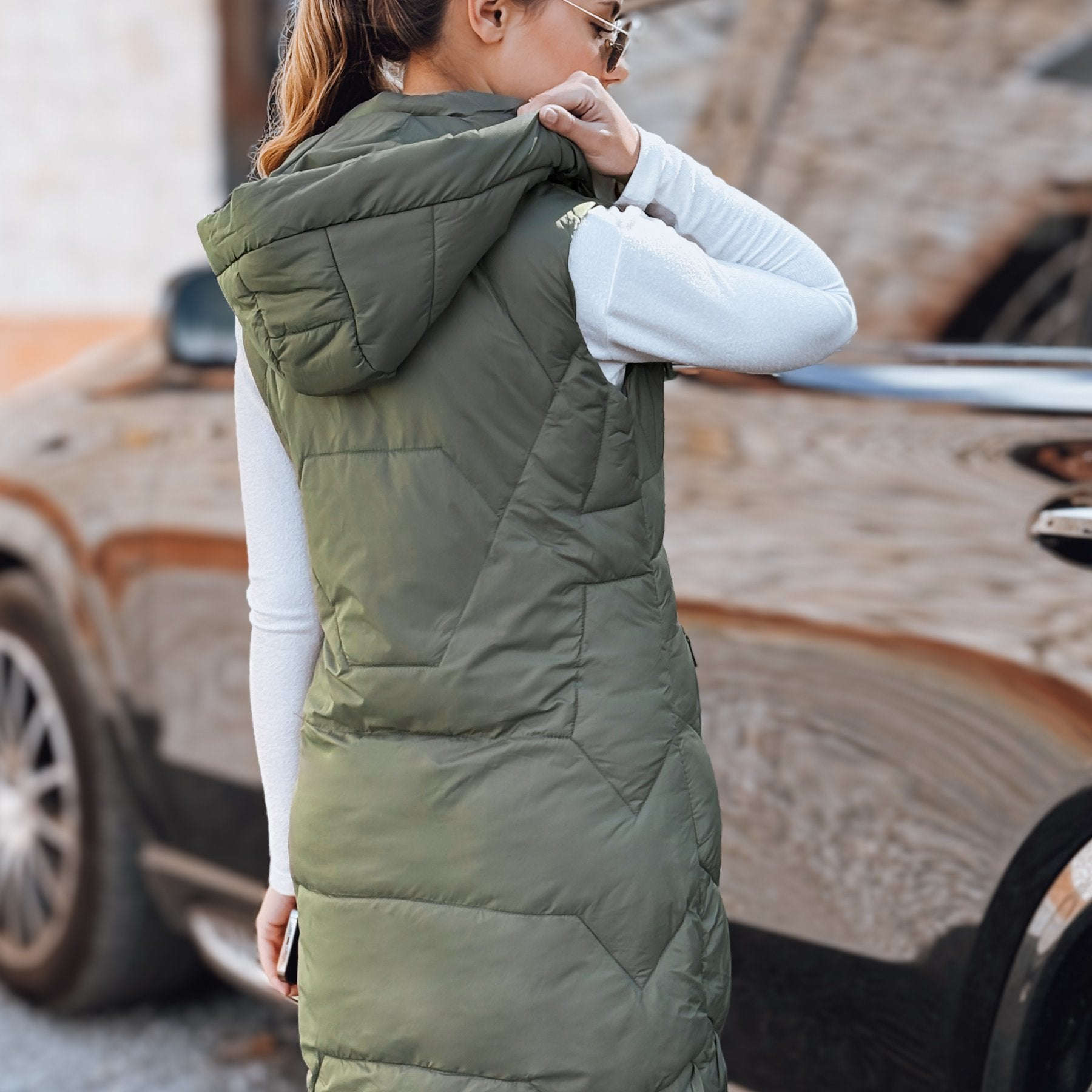 Gilet Long Matelassé Femme - Détachable, Poches Zippées, Confort   OAXG Light Grey / S