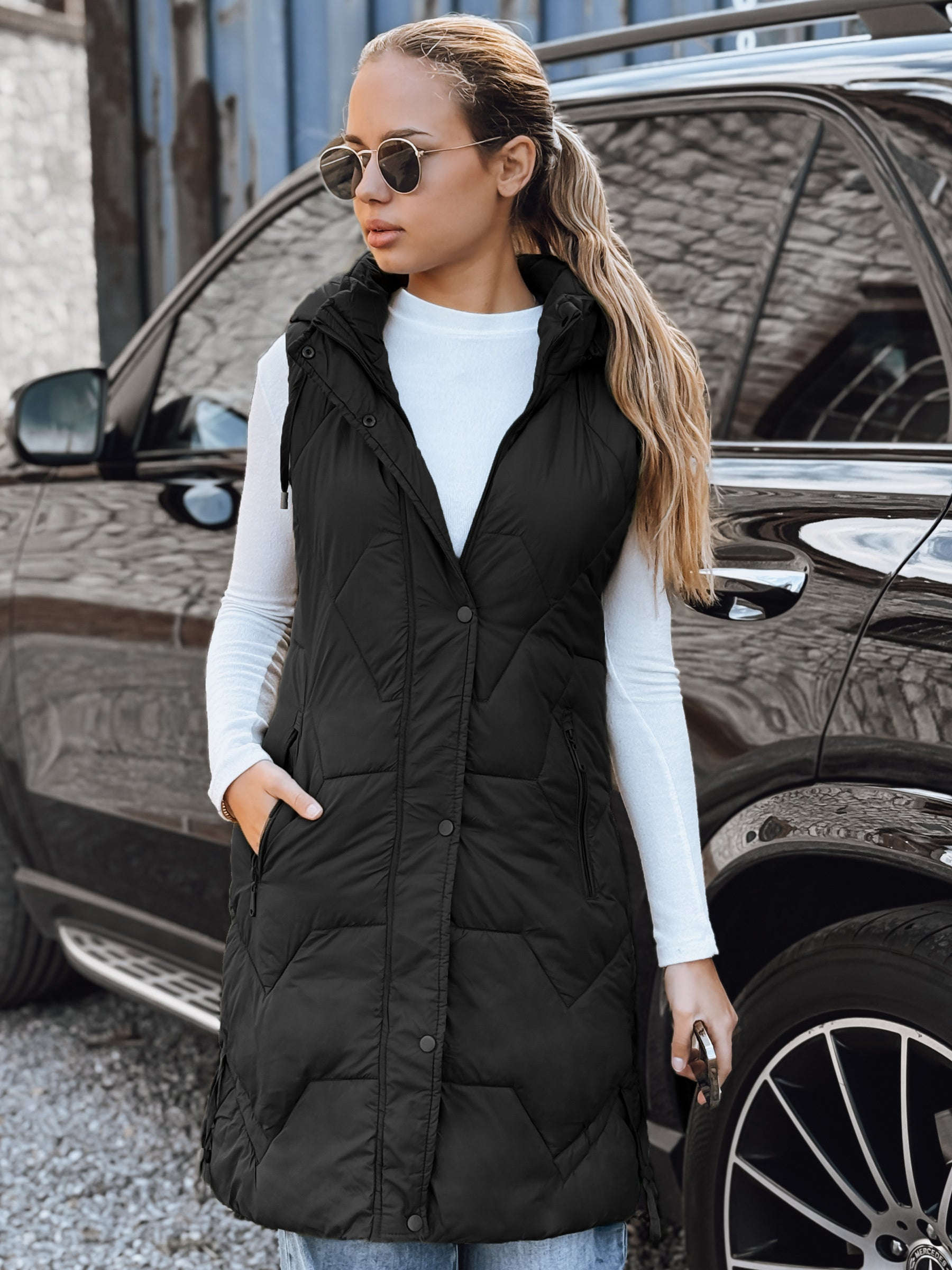 Gilet Long Matelassé Femme - Détachable, Poches Zippées, Confort   OAXG Light Grey / S