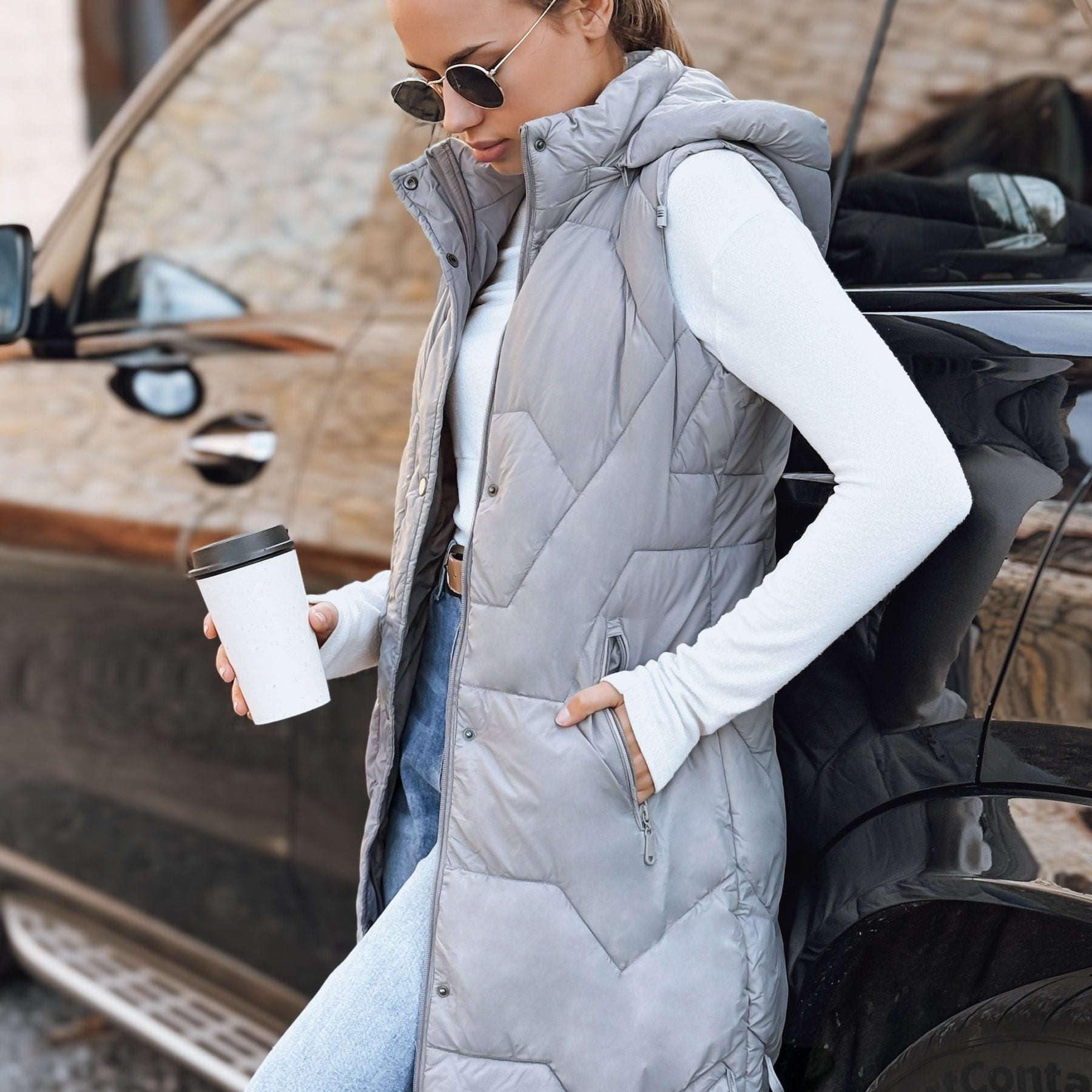 Gilet Long Matelassé Femme - Détachable, Poches Zippées, Confort   OAXG Light Grey / S