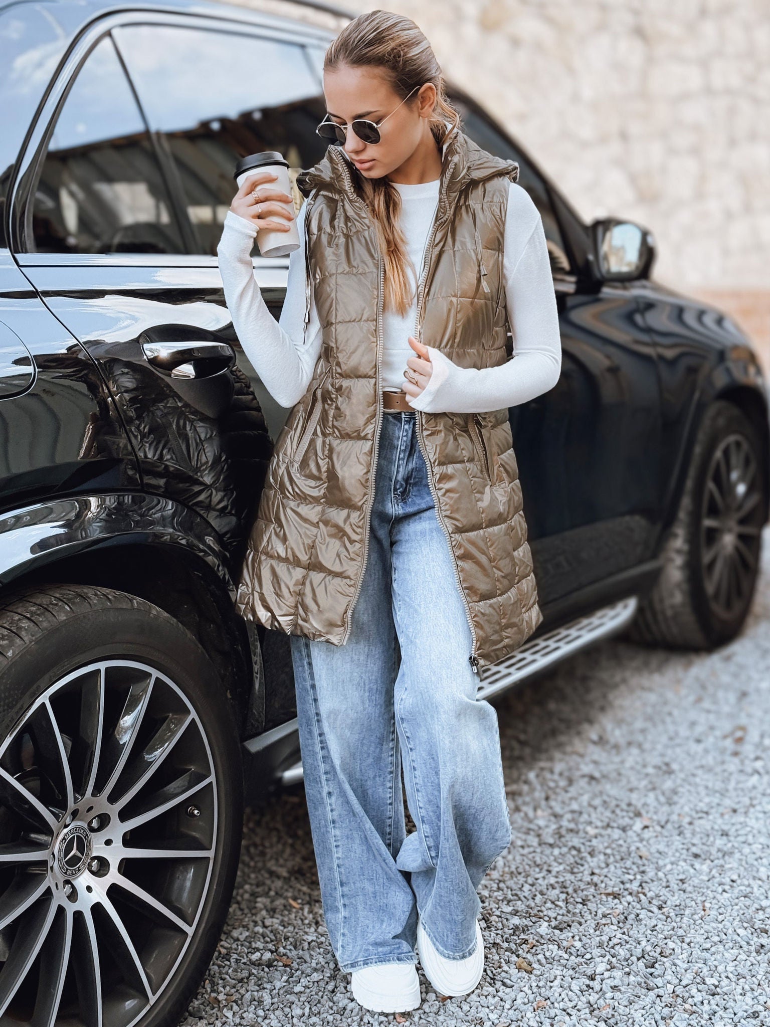 Gilet Long Matelassé Femme - Détachable, Poches Zippées, Confortable   OAXG 