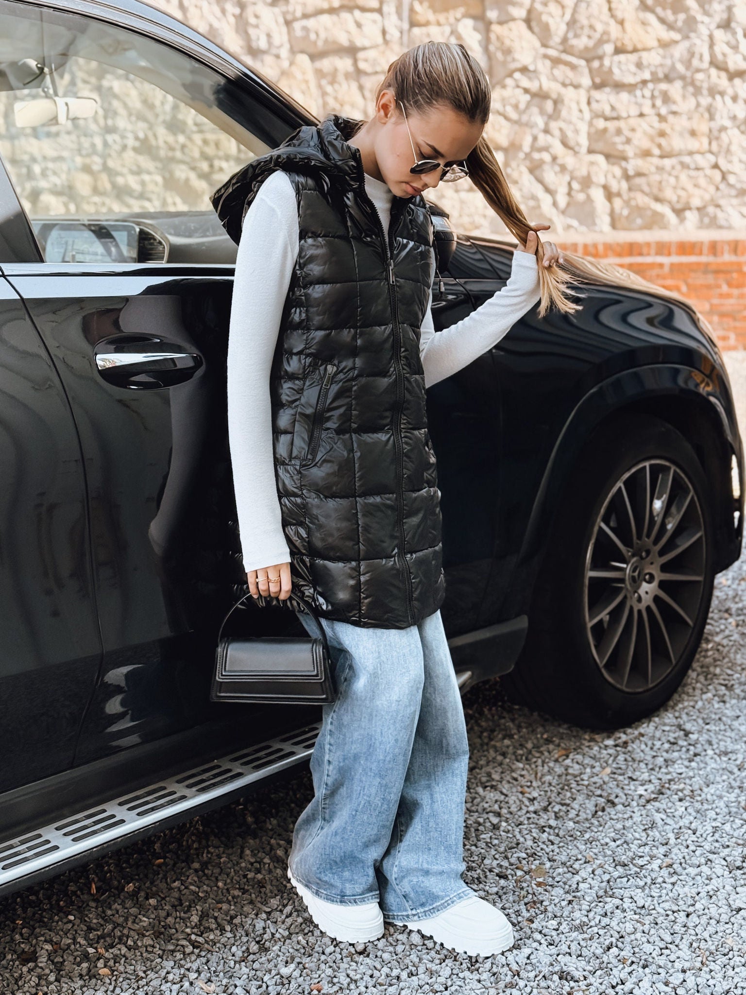 Gilet Long Matelassé Femme - Détachable, Poches Zippées, Confortable   OAXG Black / S