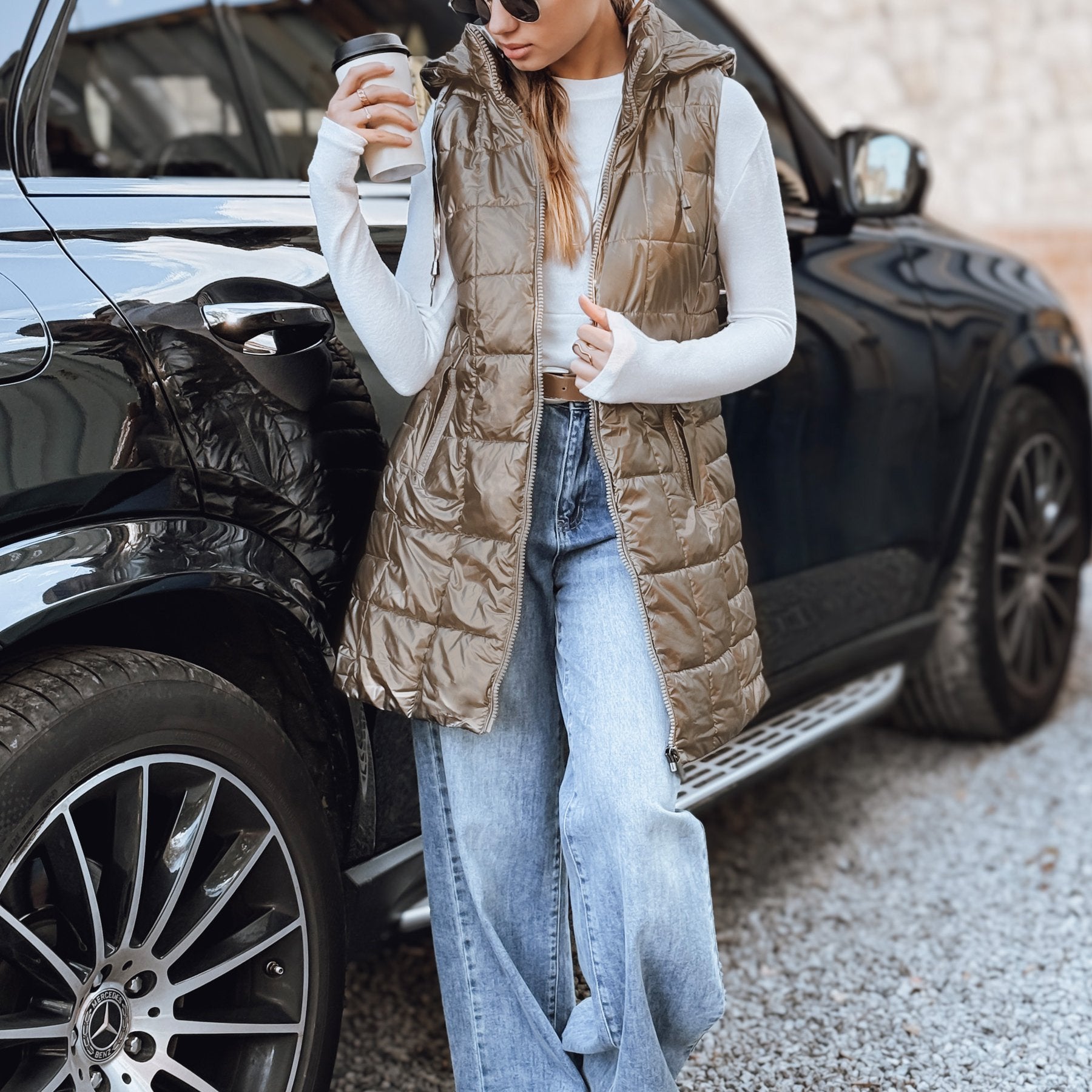 Gilet Long Matelassé Femme - Détachable, Poches Zippées, Confortable   OAXG Black / S