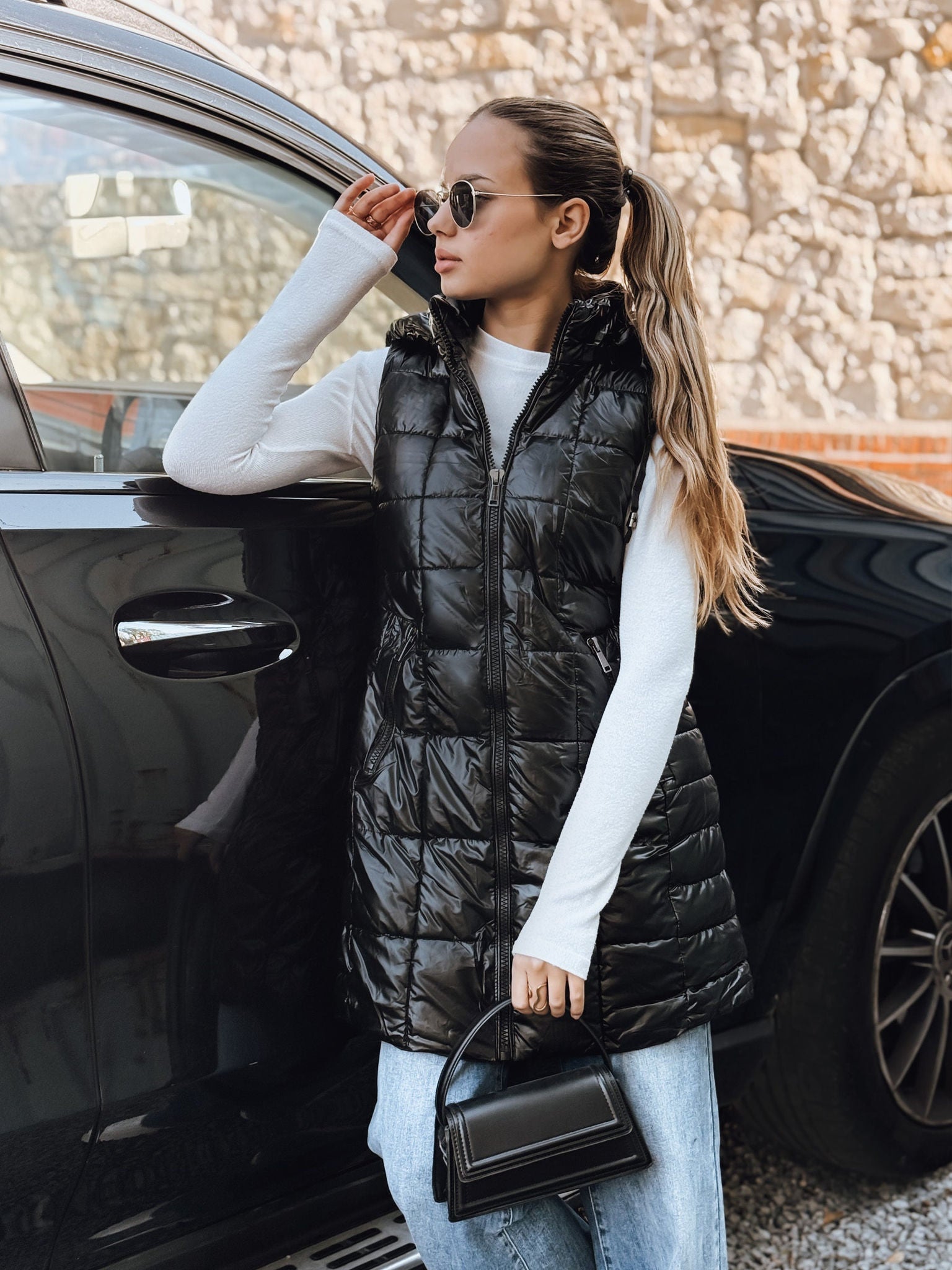 Gilet Long Matelassé Femme - Détachable, Poches Zippées, Confortable   OAXG Black / S