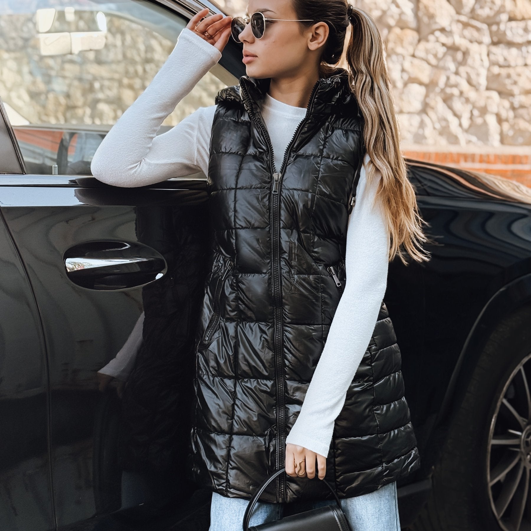 Gilet Long Matelassé Femme - Détachable, Poches Zippées, Confortable   OAXG Black / S
