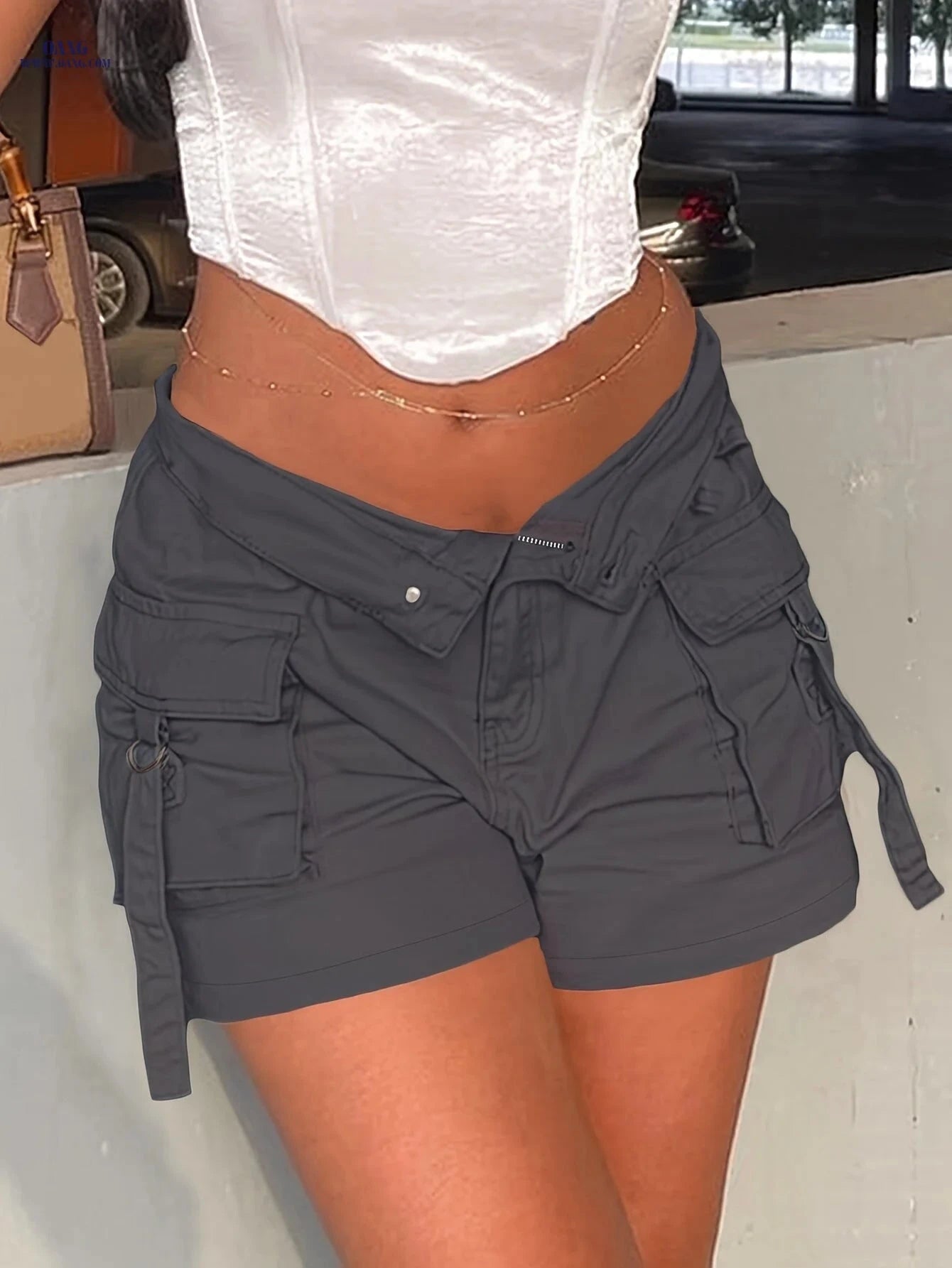 GILIPUR Women's Cargo Shorts - Retro Low-Rise, Pockets, Khaki   OAXG 
